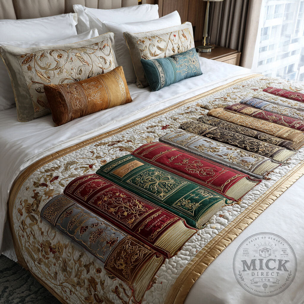 Vintage Book Spines Quilted Bed Runner for Bedroom Decor
