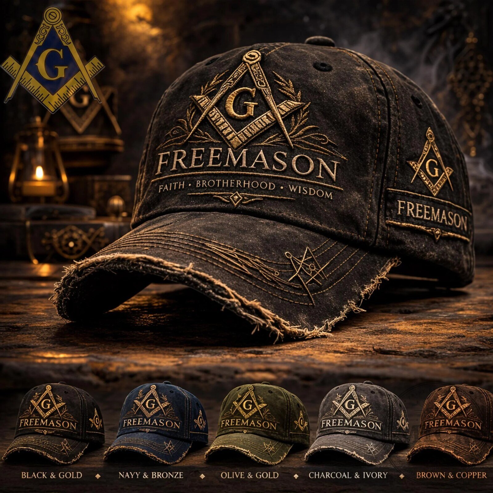 Freemason Faith Brotherhood Wisdom Embroidered Distressed Baseball Cap Hat