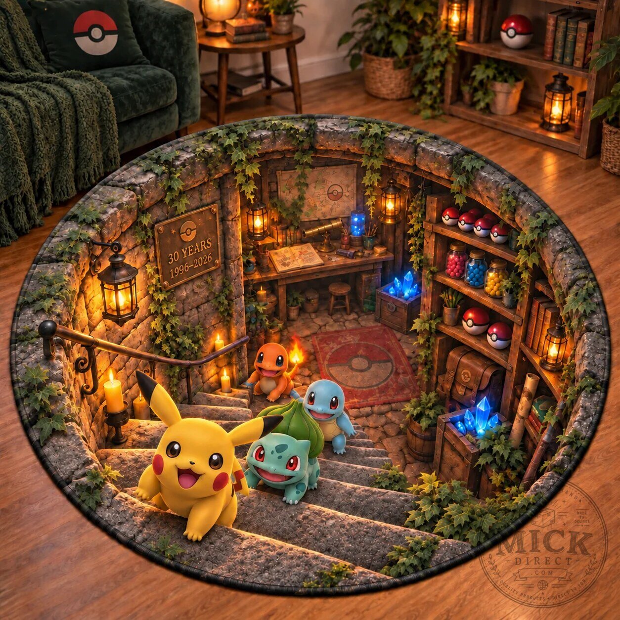 Pokemon 30th Anniversary Pikachu Bulbasaur Squirtle Round Floor Mat