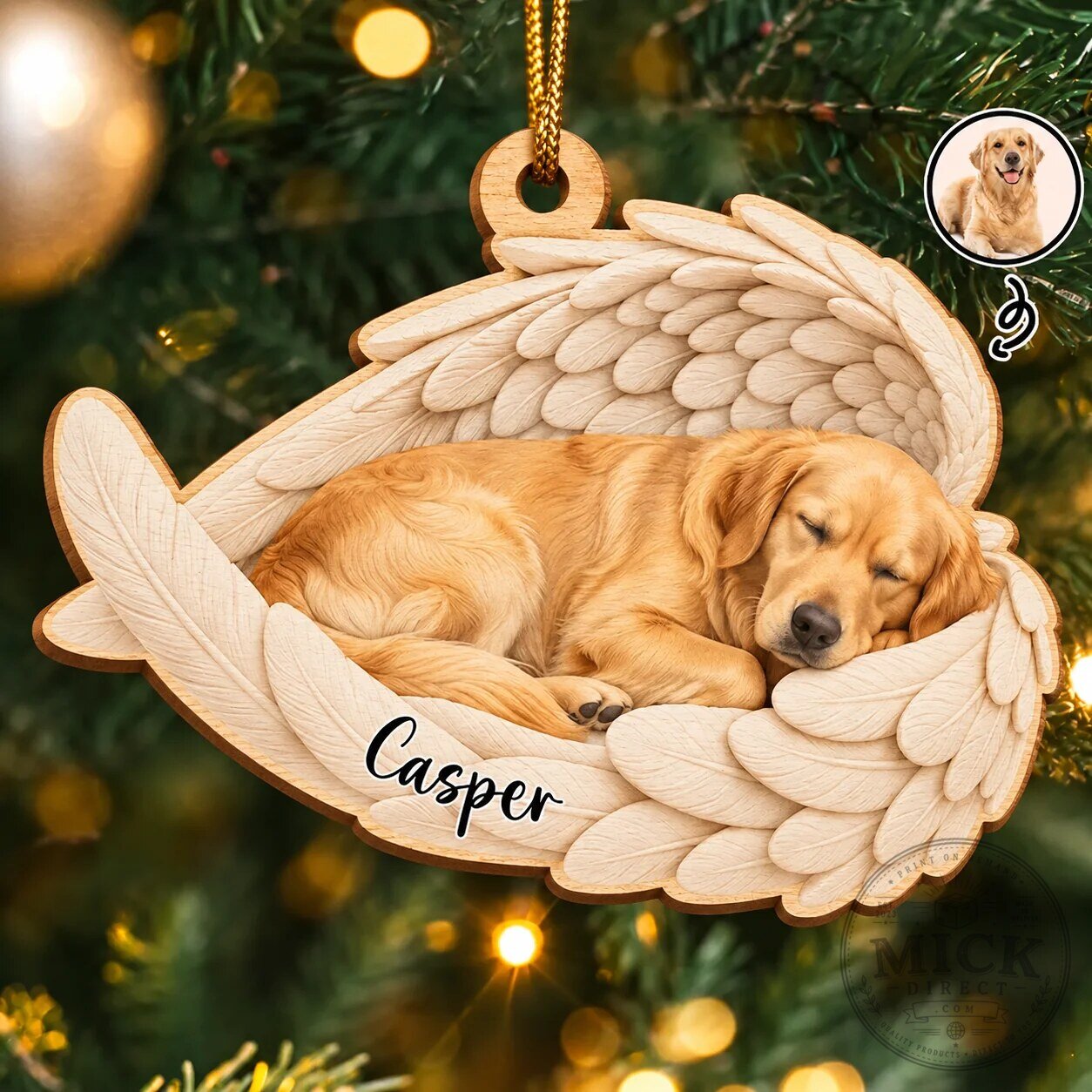 Personalized Sleeping Golden Retriever Angel Wings Memorial Christmas Ornament