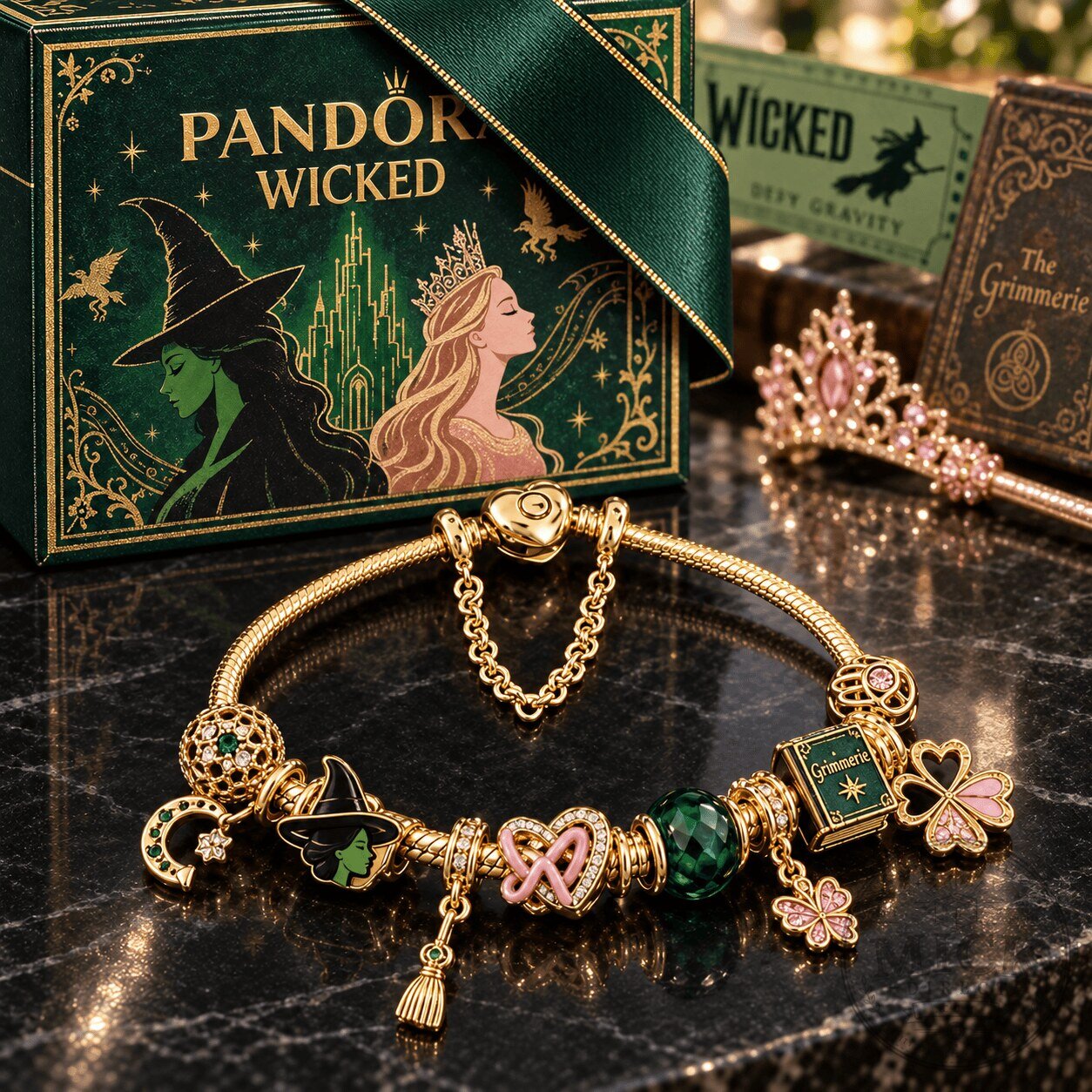 Wicked Witch of the West Gold Charm Bracelet with Emerald Green Stones