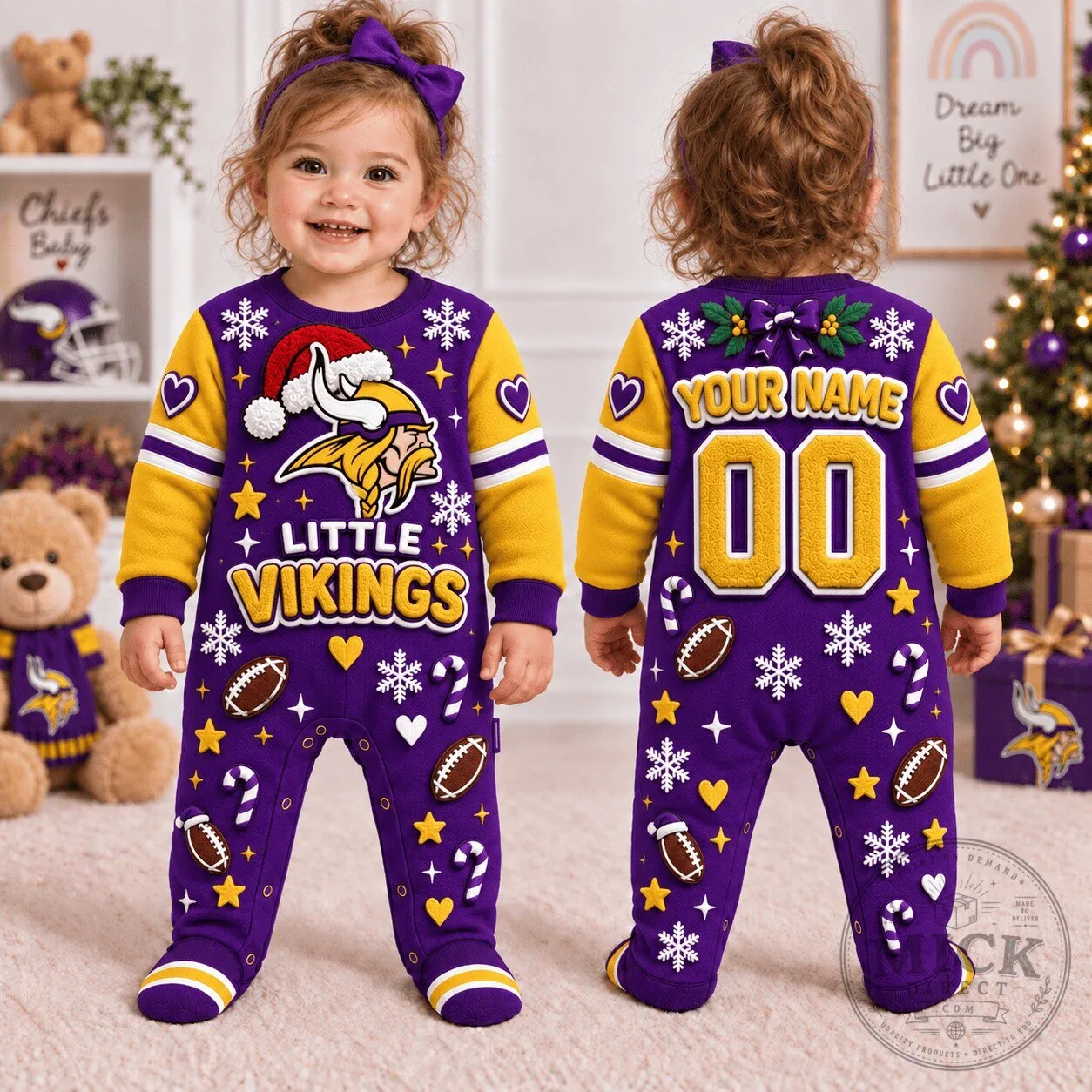 Minnesota Vikings Christmas Baby Footed Pajamas Custom Name and Number