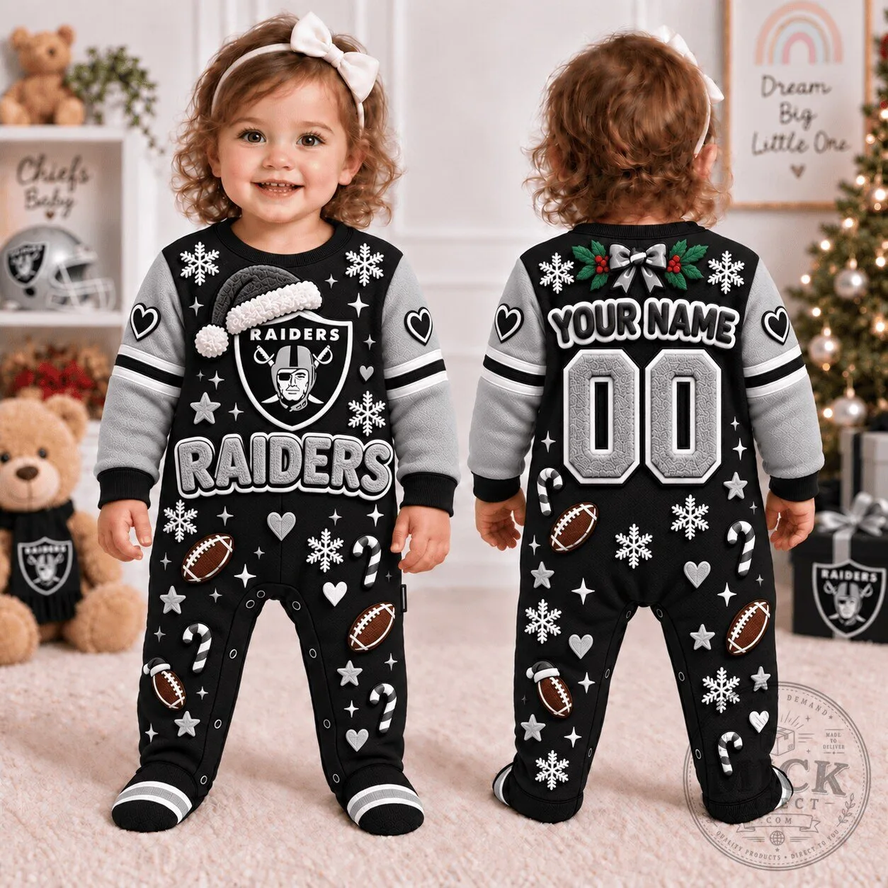 Las Vegas Raiders NFL Christmas Baby Footed Romper with Custom Name and Number