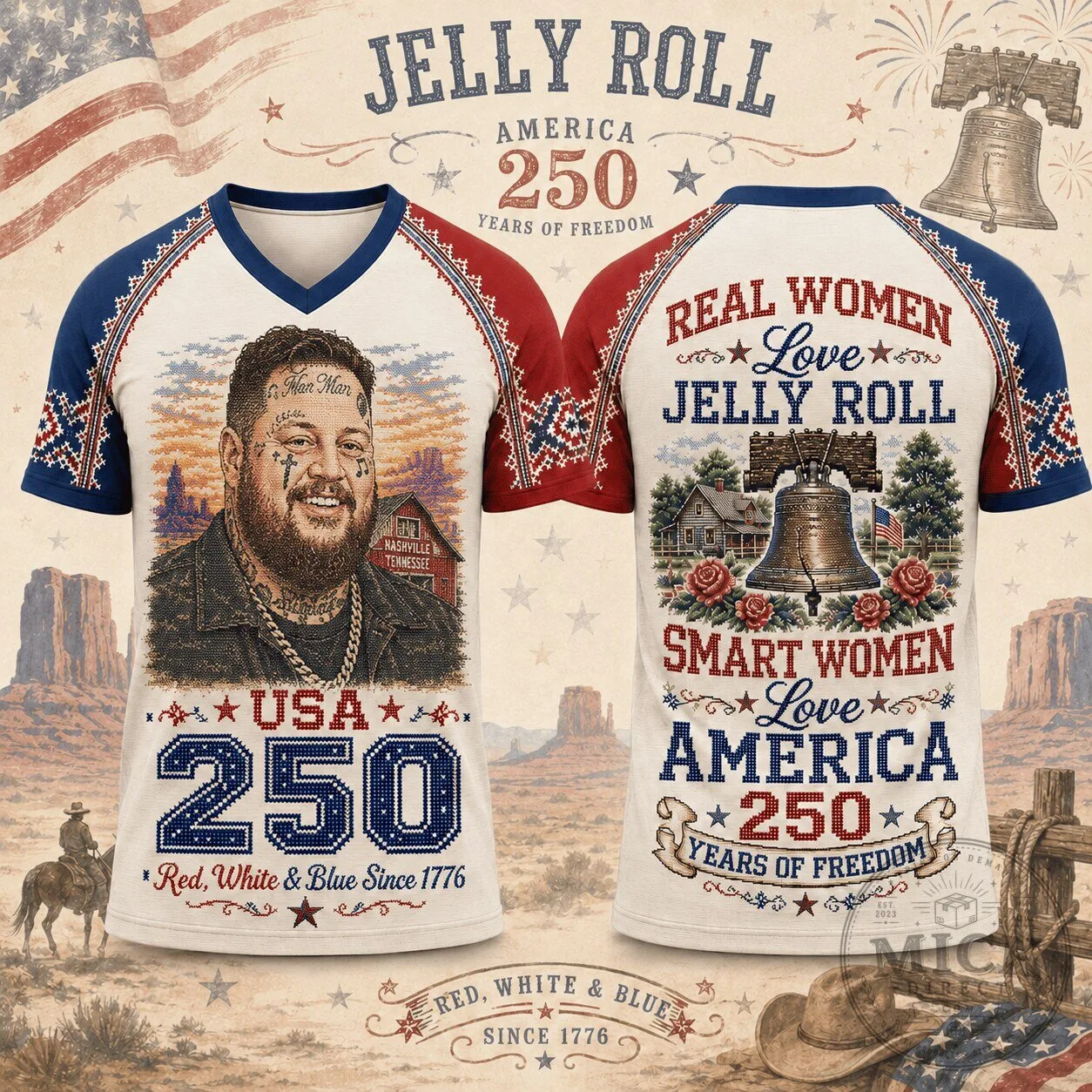 Jelly Roll 250 Years of Freedom Americana Portrait V-Neck T-Shirt