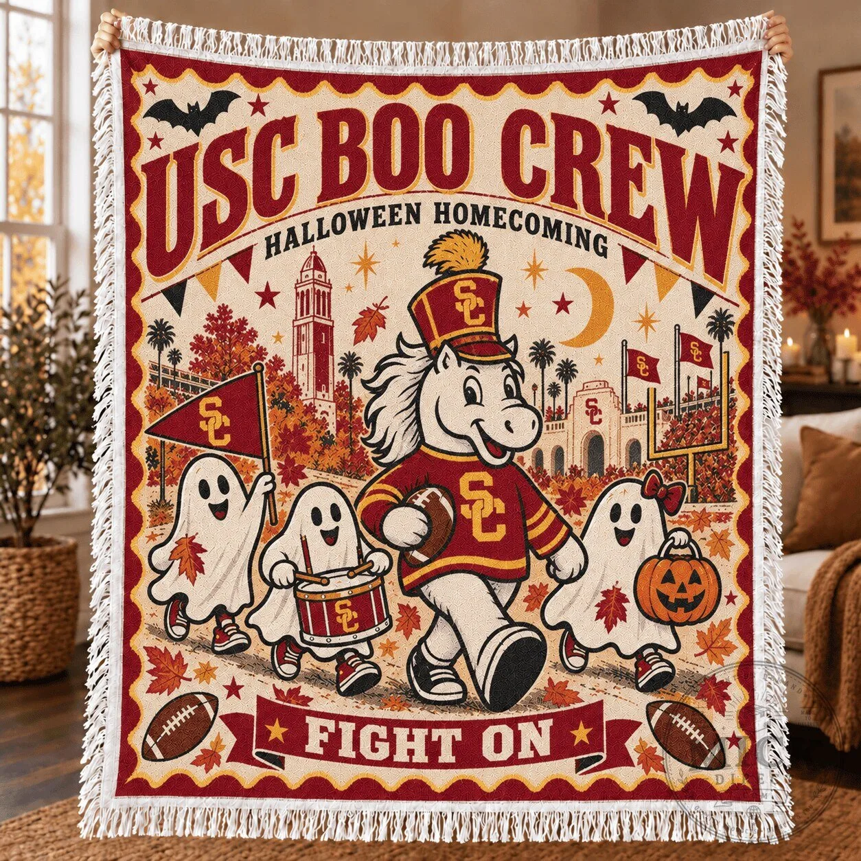 USC Trojans Boo Crew Halloween Homecoming Fight On Woven Throw Blanket