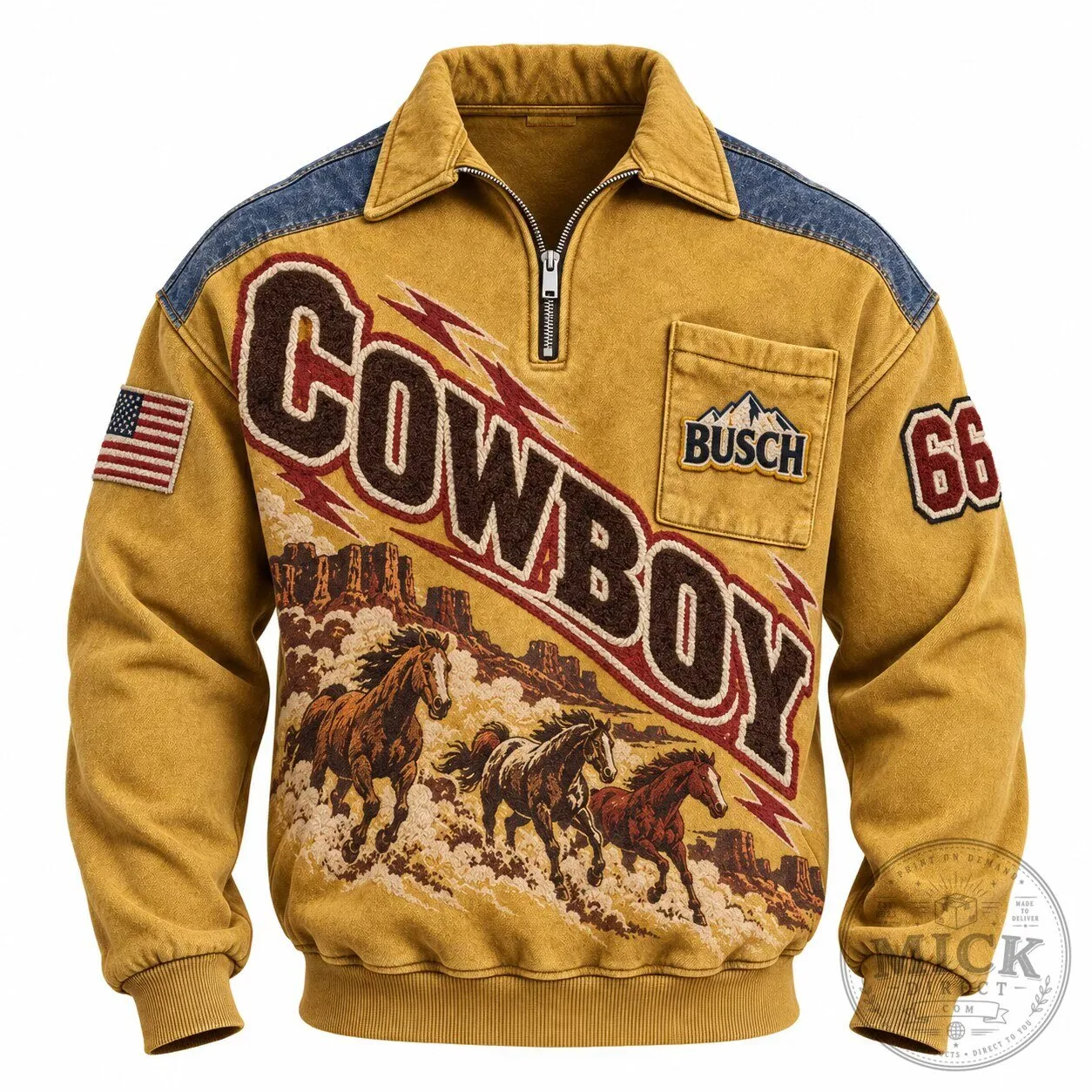 Busch Cowboy Western Style Half-Zip Long-Sleeve Sweatshirt with Collar
