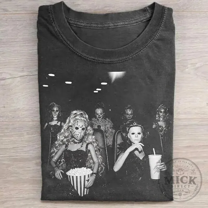 Horror Movie Dolls Watching Film In Theater Black and White T-Shirt