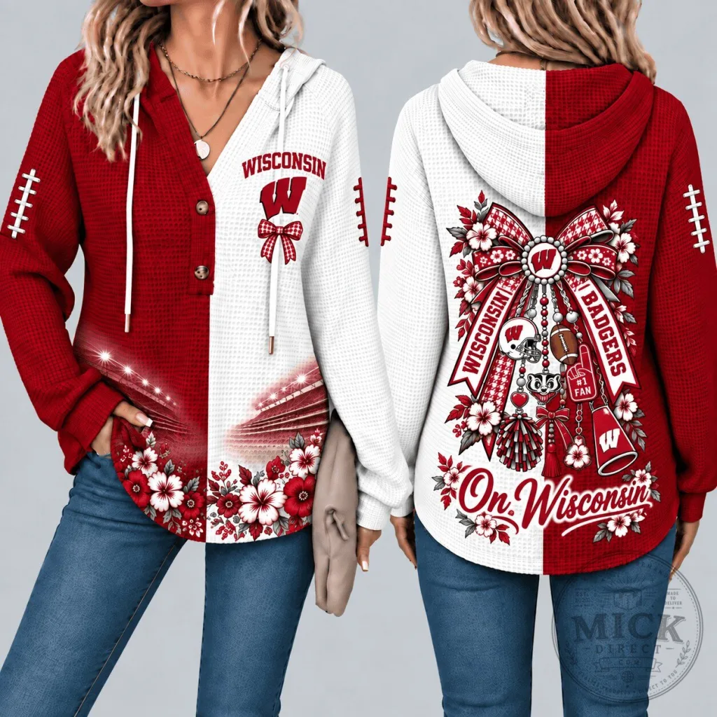 Wisconsin Badgers Football Fan Floral Waffle Knit Hoodie Wisconsin Badgers Football Fan Floral Waffle Knit Hoodie