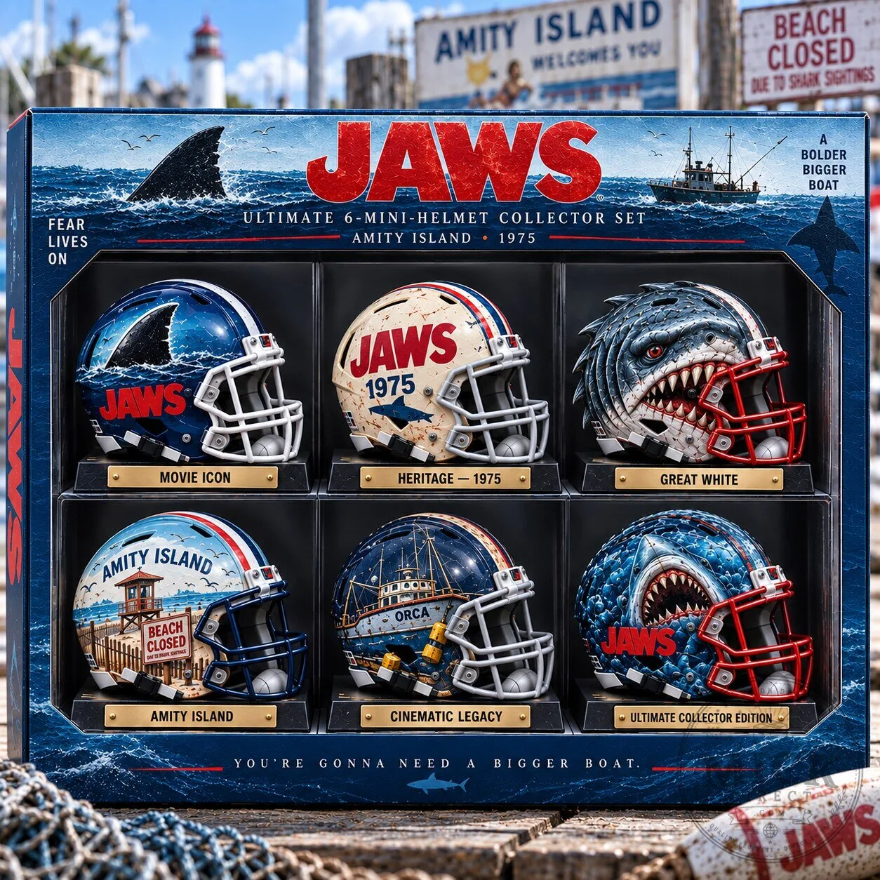 Jaws Movie Ultimate Six Mini Helmet Collector Set Amity Island 1975