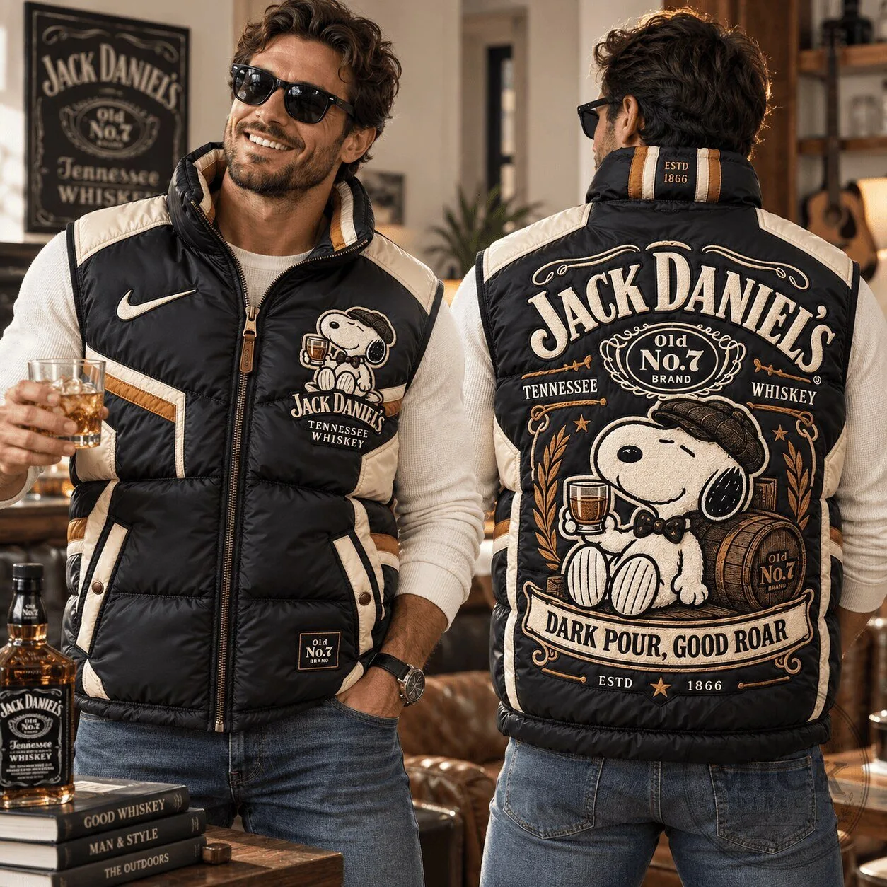 Jack Daniel's Snoopy Whiskey Tennessee Brand Puffer Vest Jacket