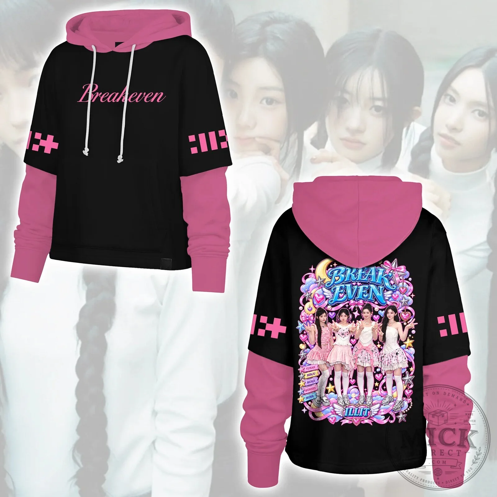ILLIT Break Even K-Pop Girl Group Pink and Black Hoodie for Fans