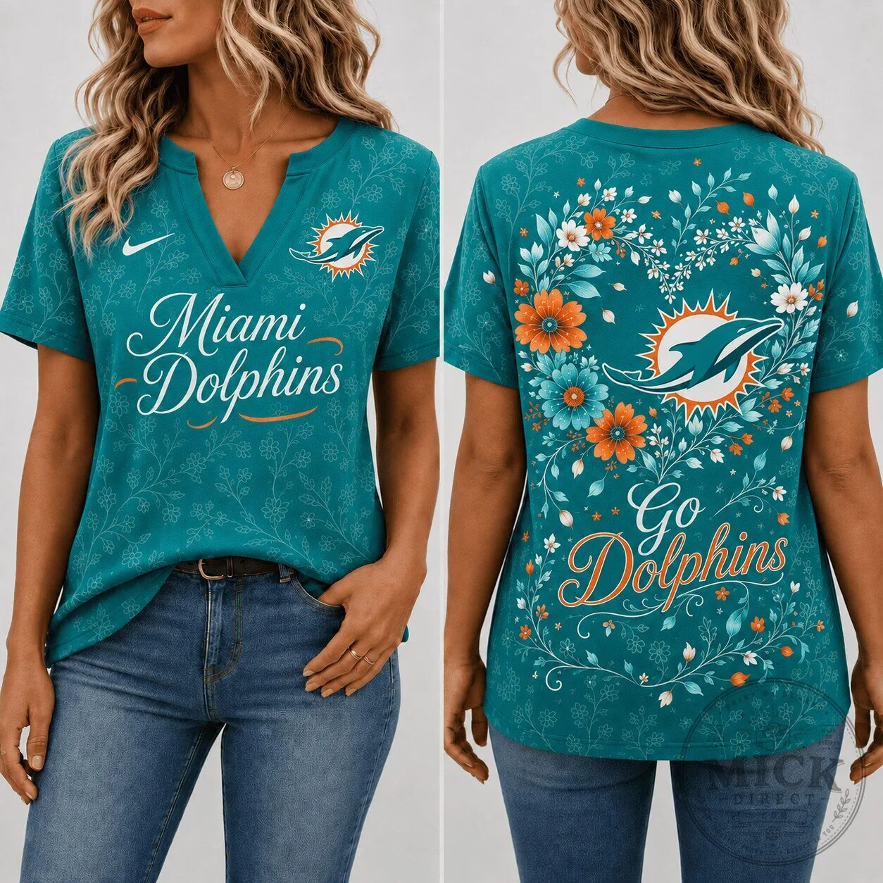 Miami Dolphins Shirt, Floral Game Day V-Neck Short Sleeve T-Shirt for Women