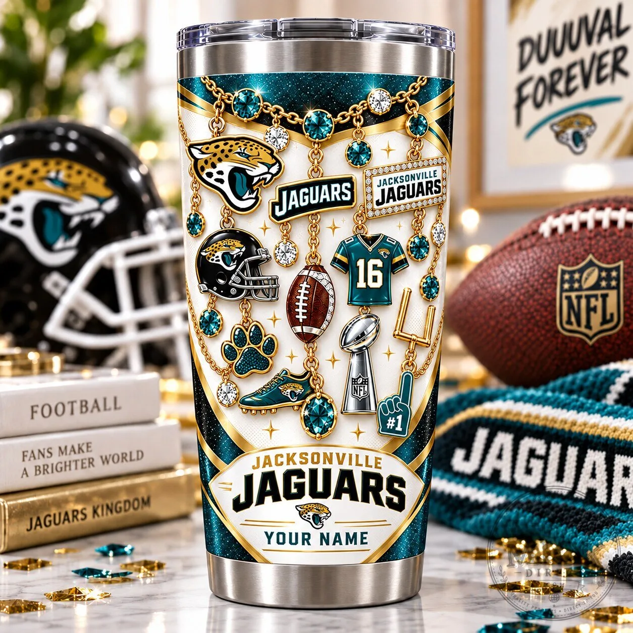 Jacksonville Jaguars NFL Football Team Sparkle Personalized Tumbler
