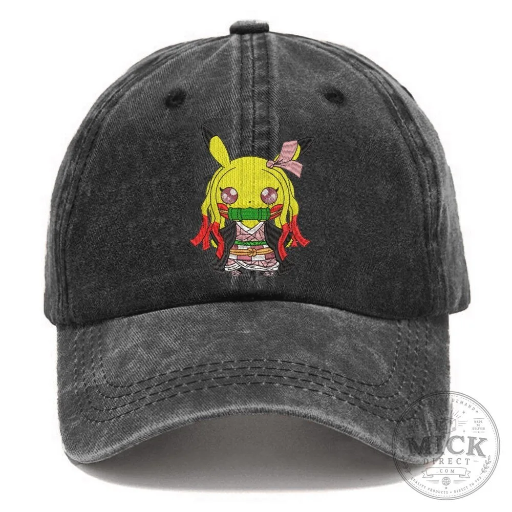 Pikachu Nezuko Demon Slayer Embroidered Washed Denim Baseball Cap Hat