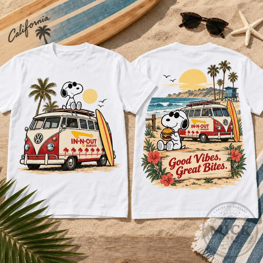 Snoopy Surfing Volkswagen Van In-N-Out Burger California Sunset T-Shirt Snoopy Surfing Volkswagen Van In-N-Out Burger California Sunset T-Shirt