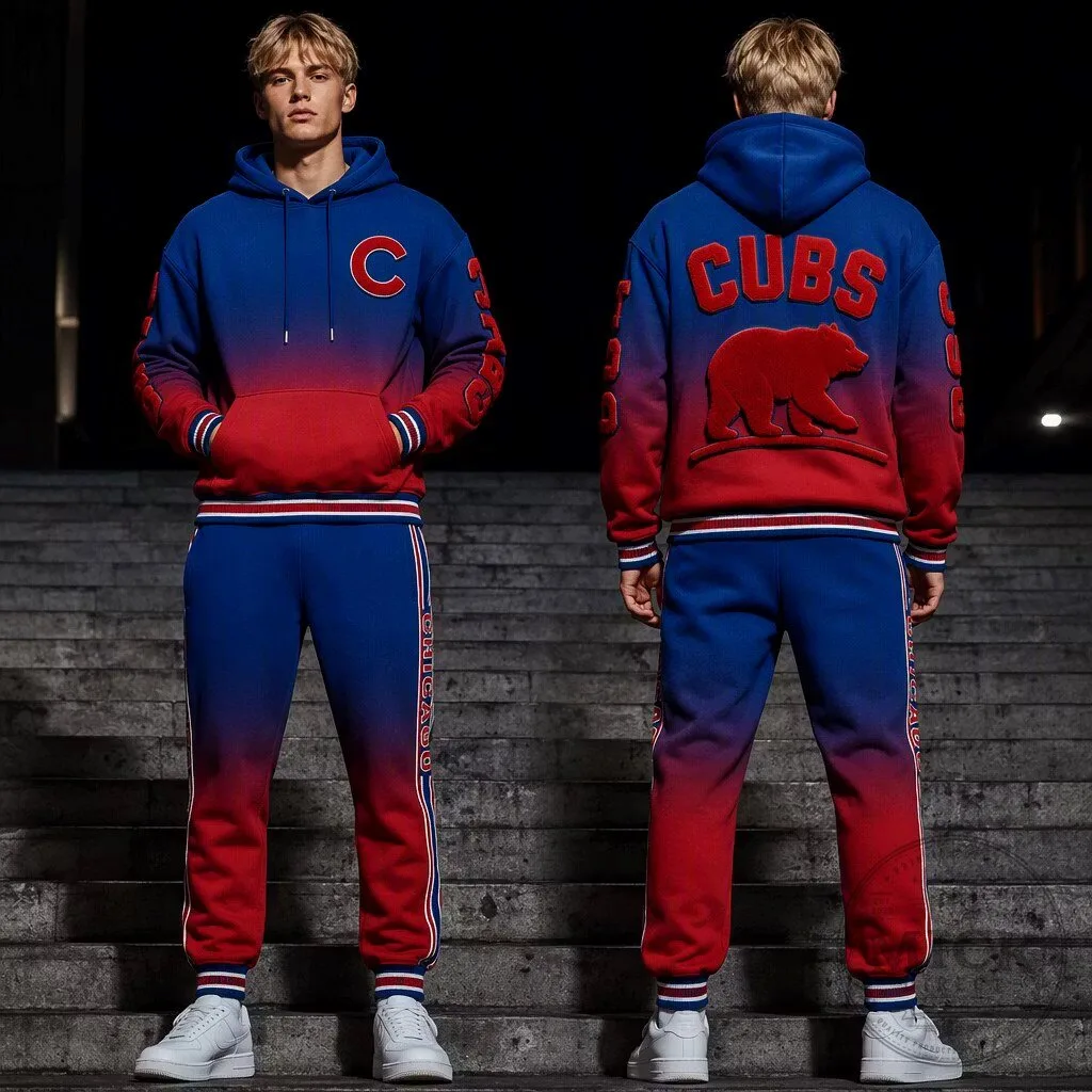 Chicago Cubs Gradient Red Blue Hoodie and Sweatpants Tracksuit Set