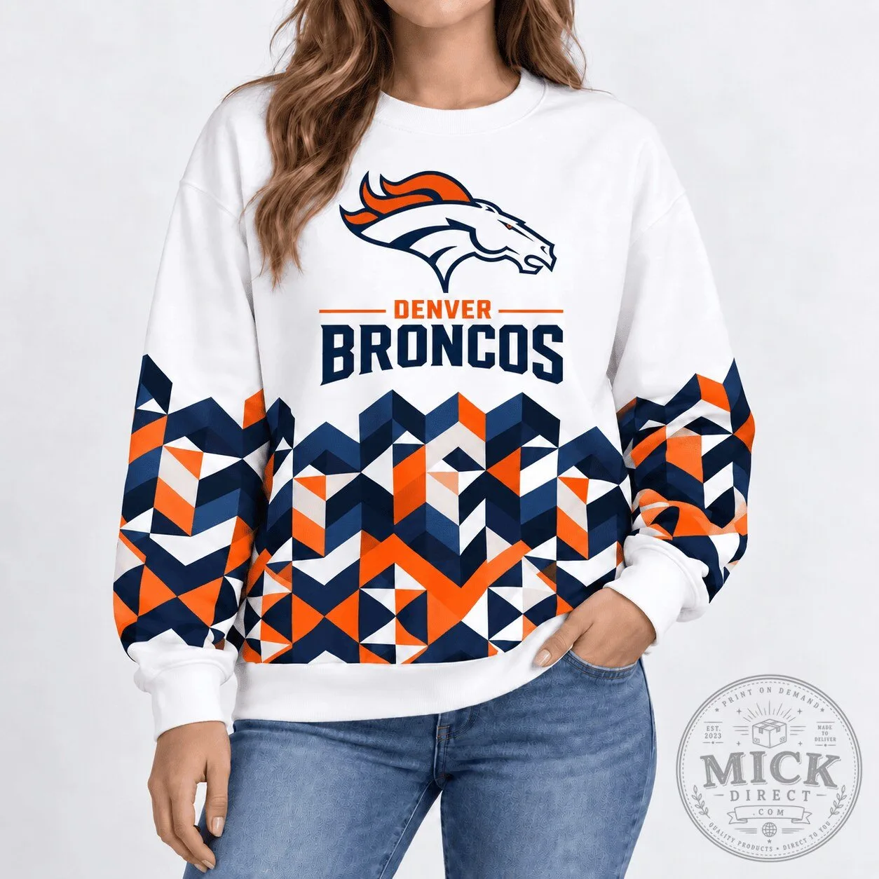 Denver Broncos Geometric Chevron Pattern White Crewneck Sweatshirt