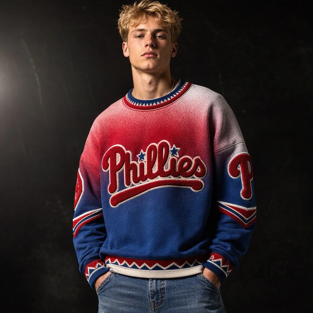 Philadelphia Phillies Red Blue Ombre Crewneck Sweatshirt