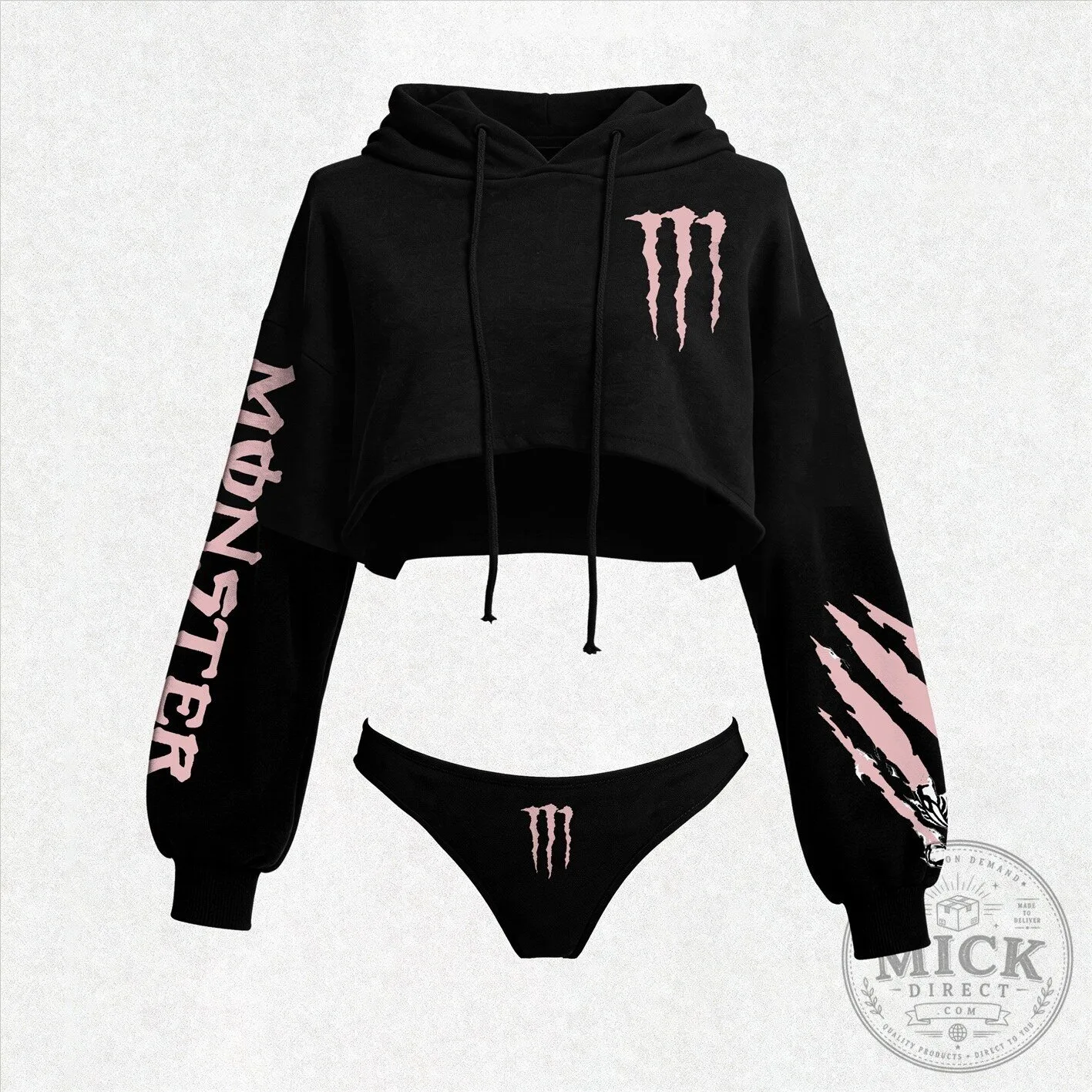 Monster Energy Drink Cropped Hoodie and Thong Set for Women
