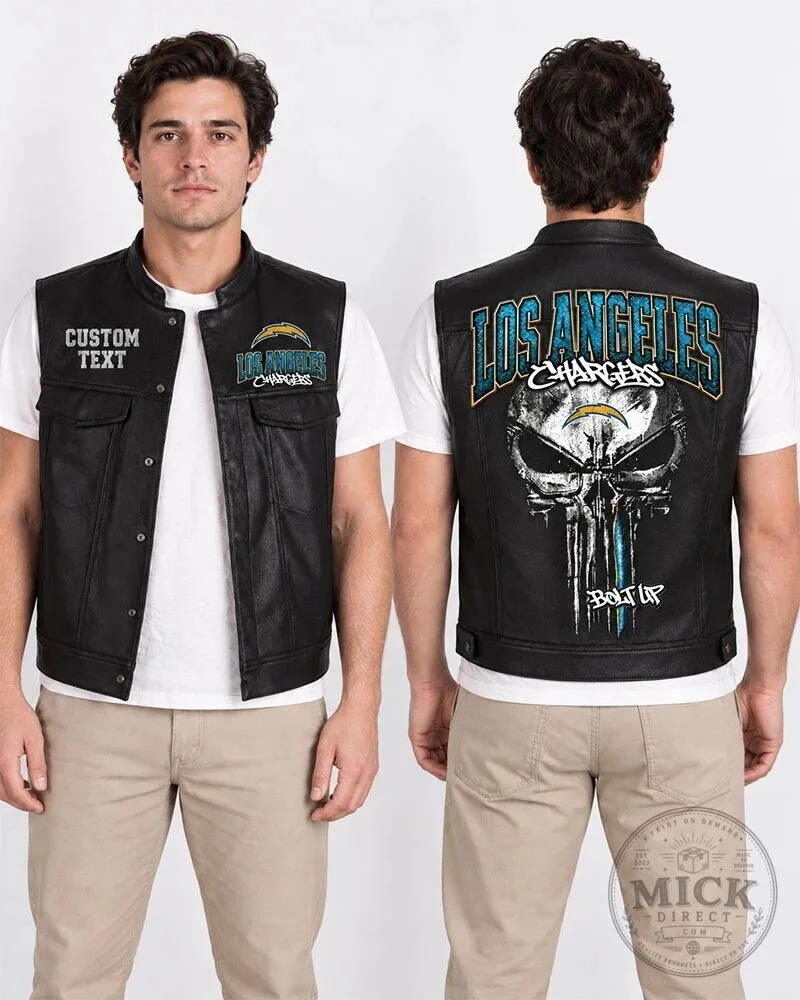 Los Angeles Chargers Punisher Skull Custom Text Black Leather Vest