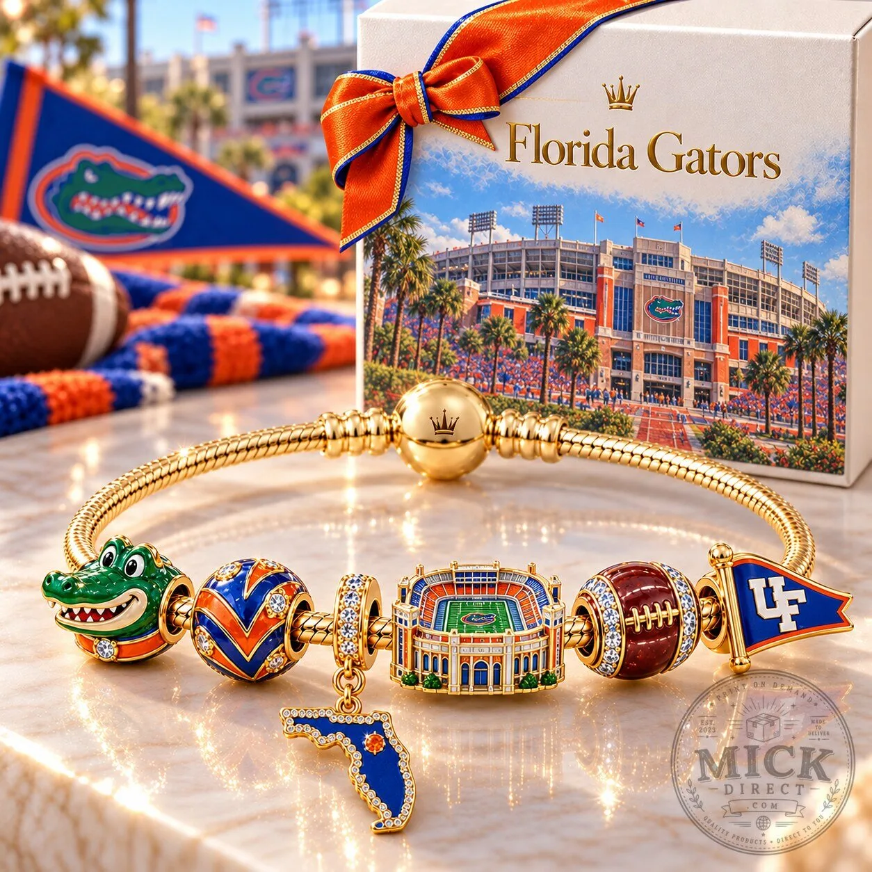 Florida Gators Football Stadium Charm Bracelet with Alligator and State Charms