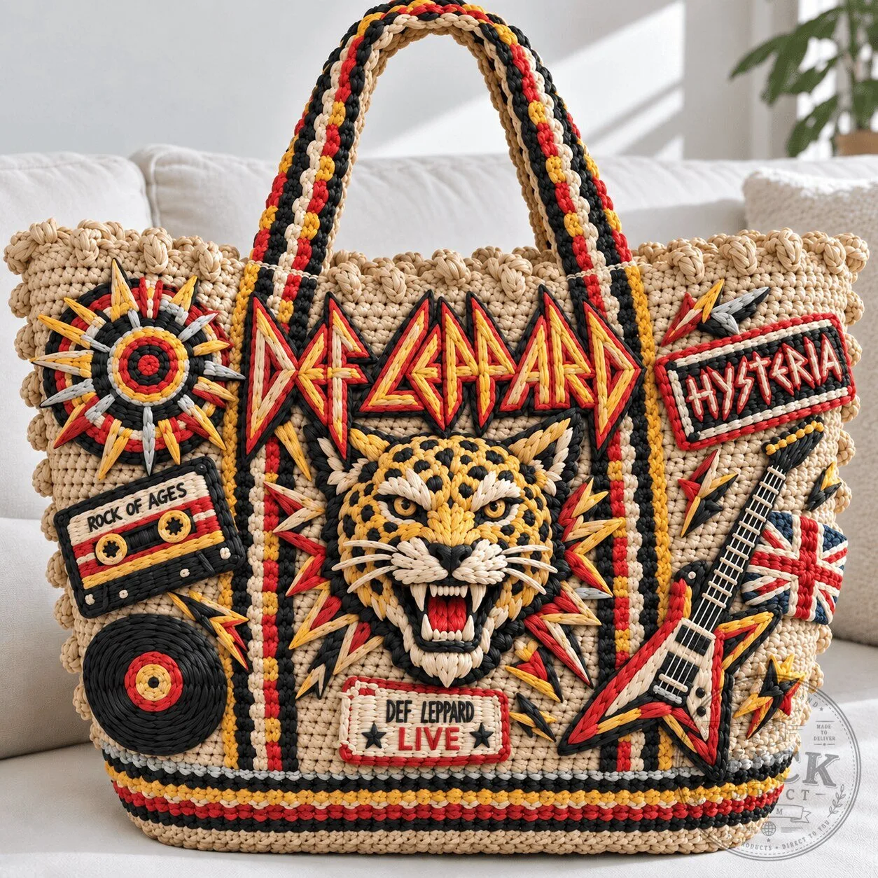 Def Leppard Hysteria Rock of Ages Straw Embellished Tote Bag