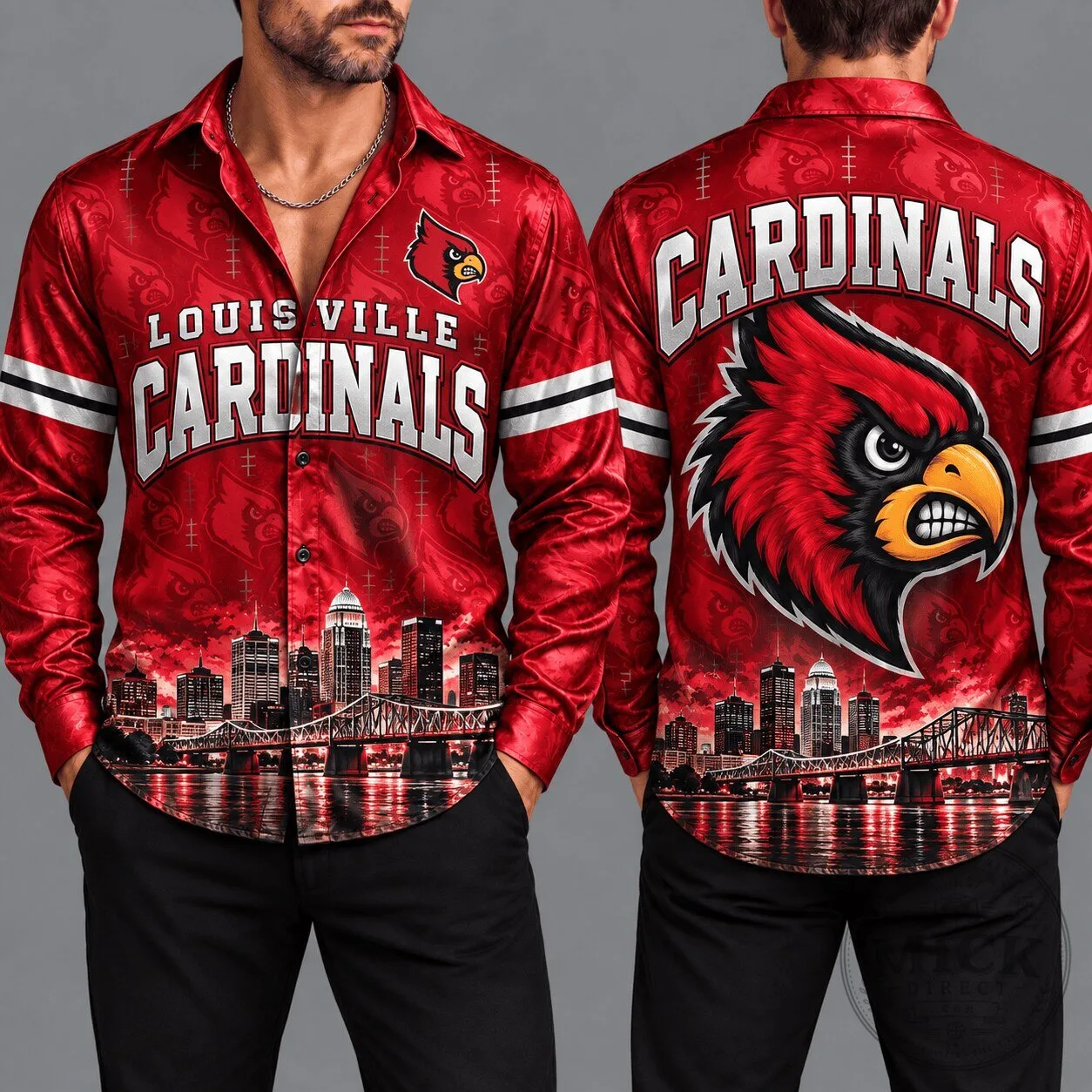 Louisville Cardinals City Skyline Red Pattern Long Sleeve Button Up Shirt