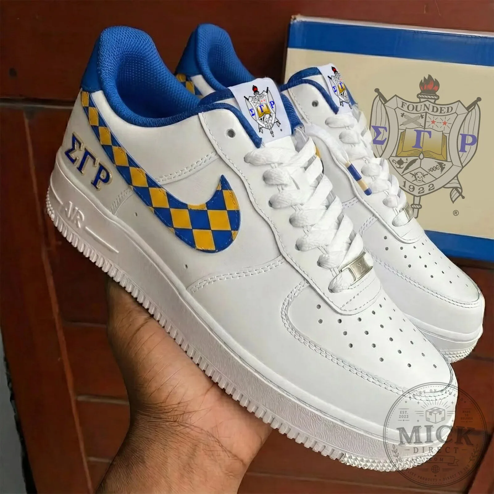 Sigma Gamma Rho Sorority Blue and Gold Checkerboard Nike Air Force 1 Shoes