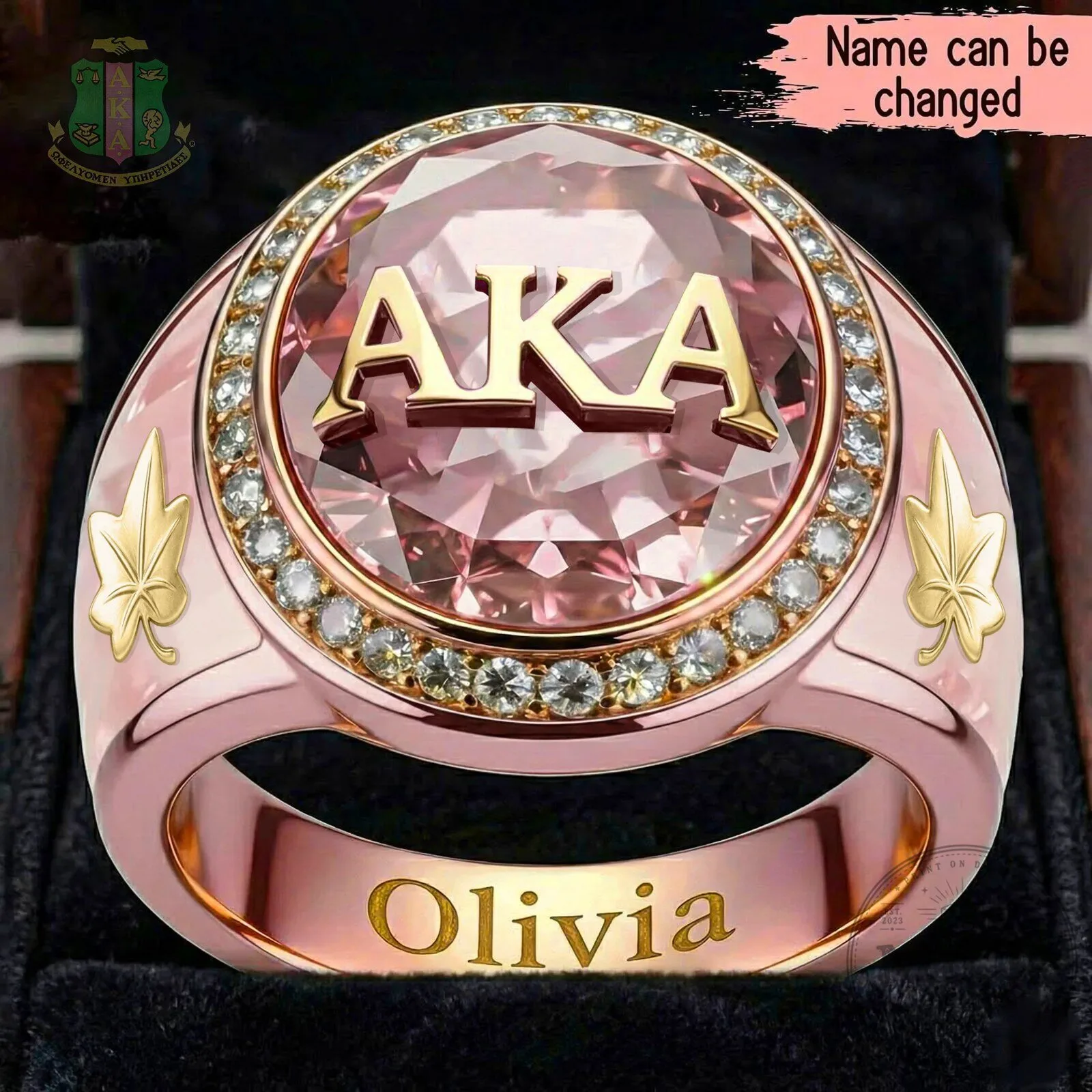 Personalized Alpha Kappa Alpha Sorority Rose Gold Ring with Pink Gemstone