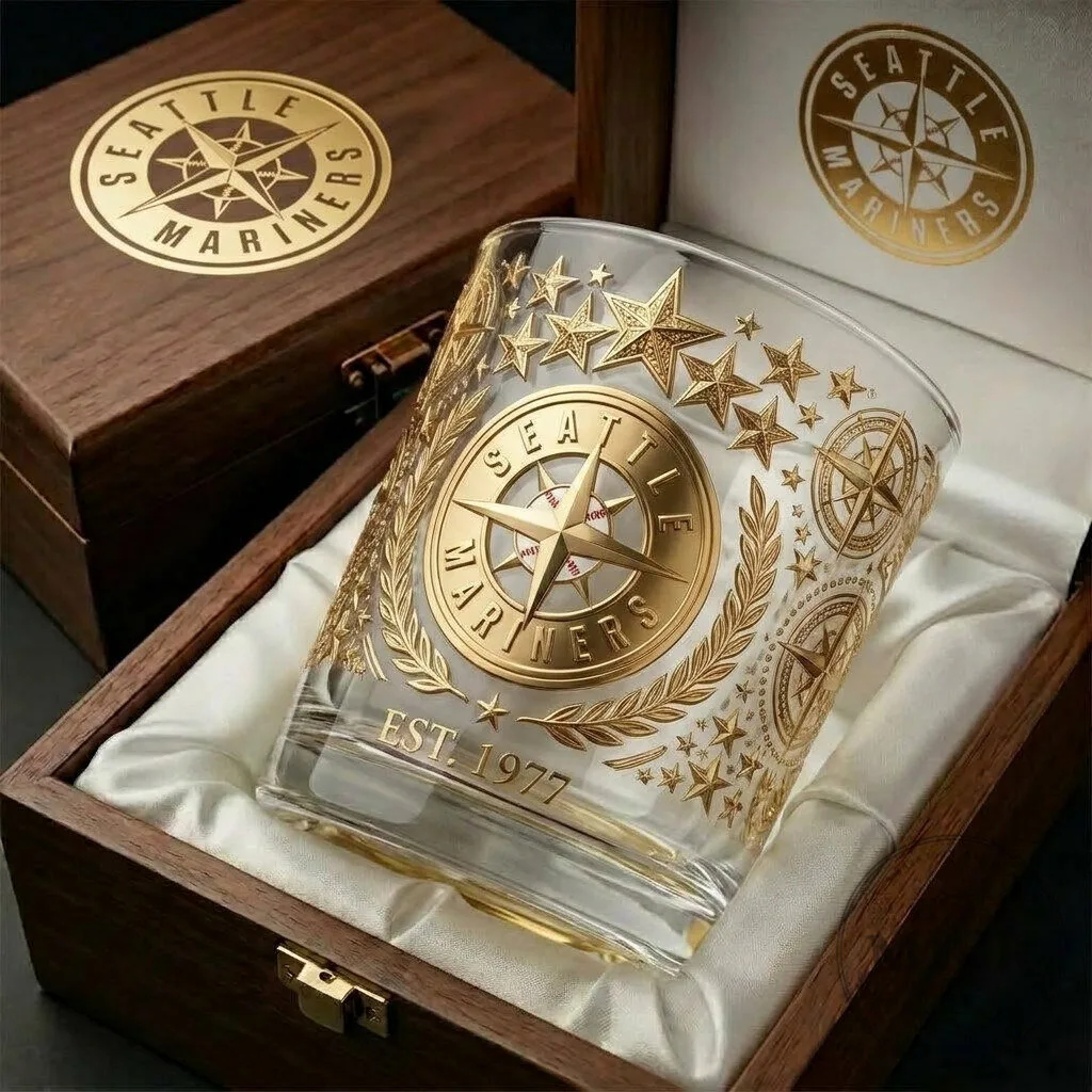 Seattle Mariners Major League Baseball Gold Compass Rose Drinking Glass with Wooden Box