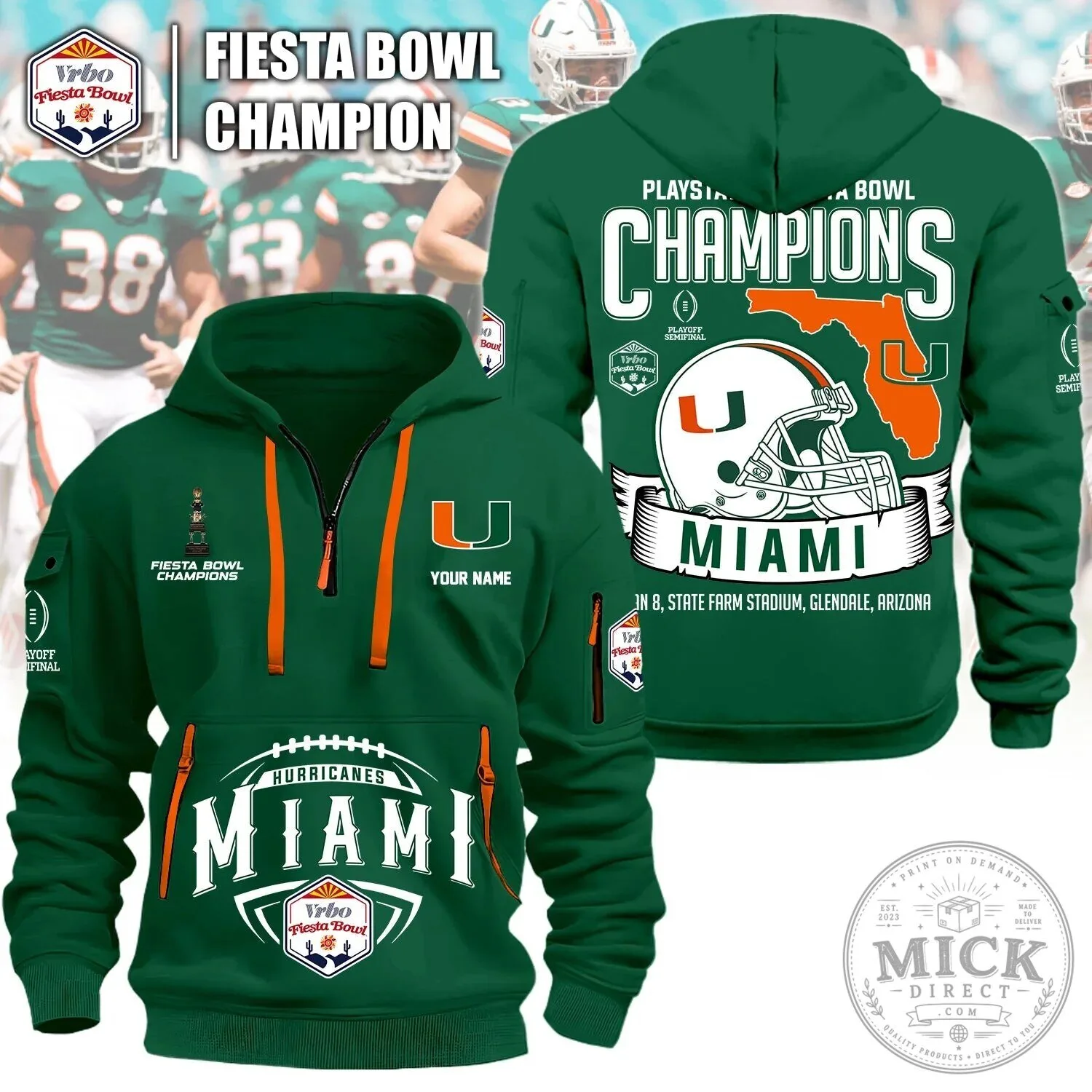 Miami Hurricanes Football Fiesta Bowl Champions Half Zip Hoodie