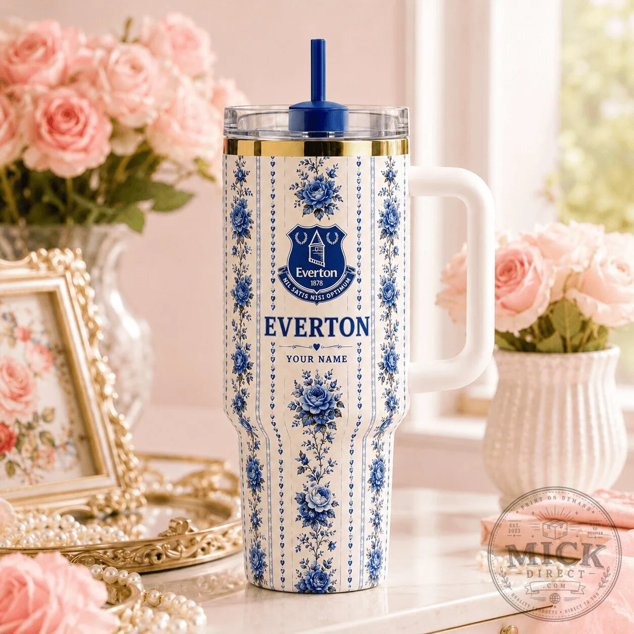 Everton Football Club Floral Pattern Insulated Tumbler with Handle and Straw
