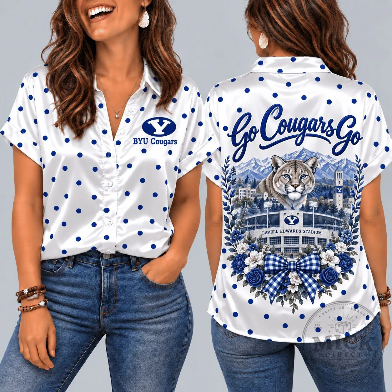 BYU Cougars Mascot Lavell Edwards Stadium Go Cougars Go Polka Dot Hawaiian Shirt