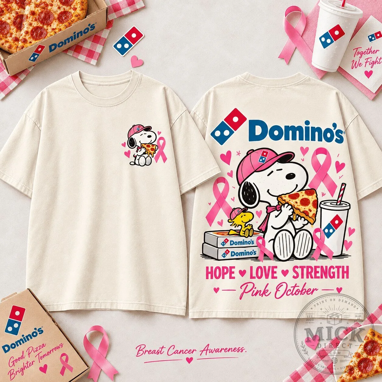 Domino's Snoopy Pink Ribbon Breast Cancer Awareness T-Shirt