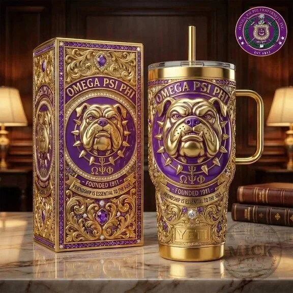 Omega Psi Phi Fraternity Bulldog Gold and Purple Insulated Tumbler with Handle