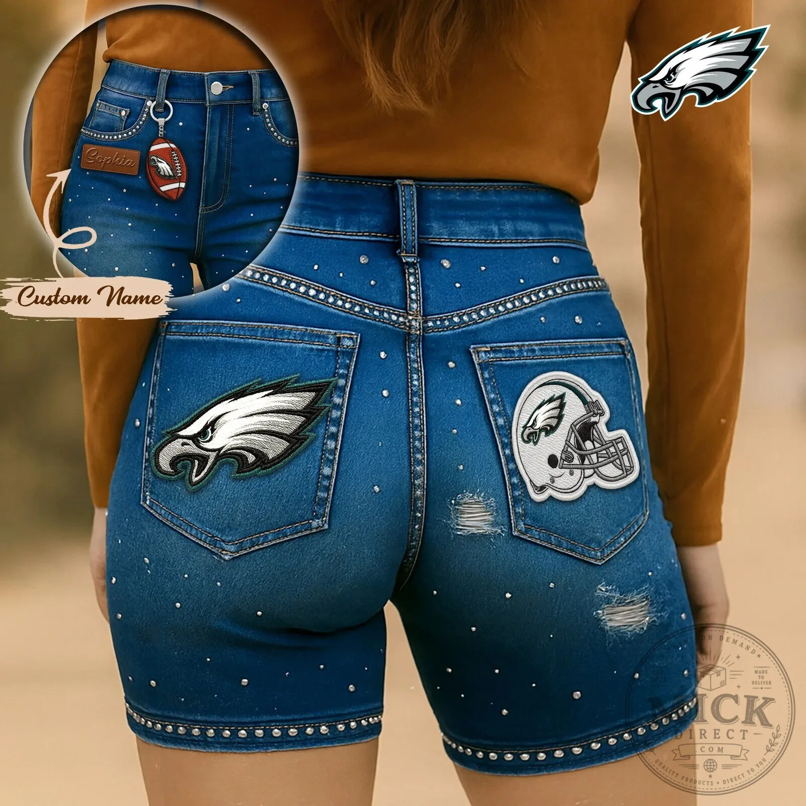 Philadelphia Eagles NFL High-Waisted Denim Shorts with Custom Name