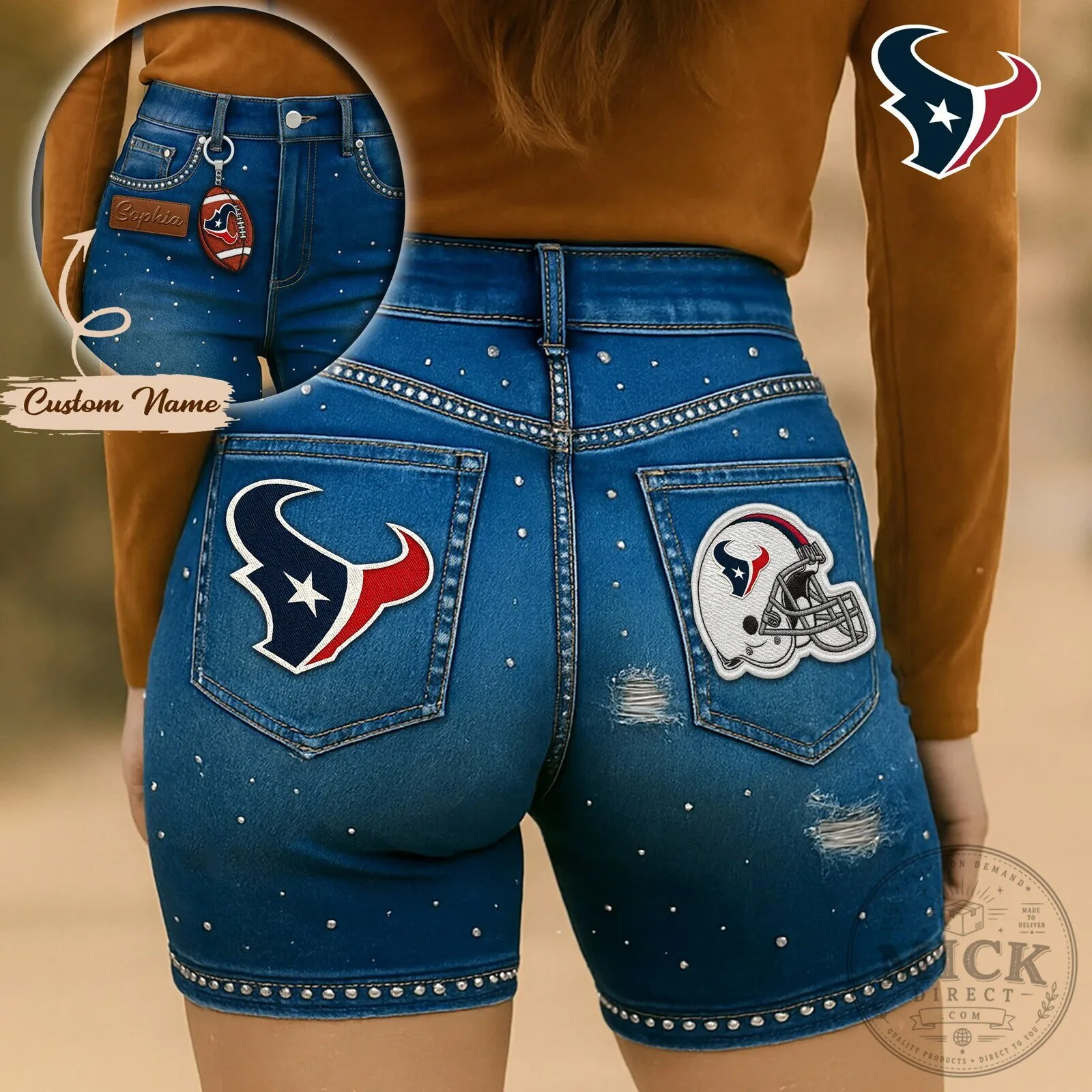 Houston Texans NFL Football Team Logo High-Waisted Denim Shorts with Rhinestones