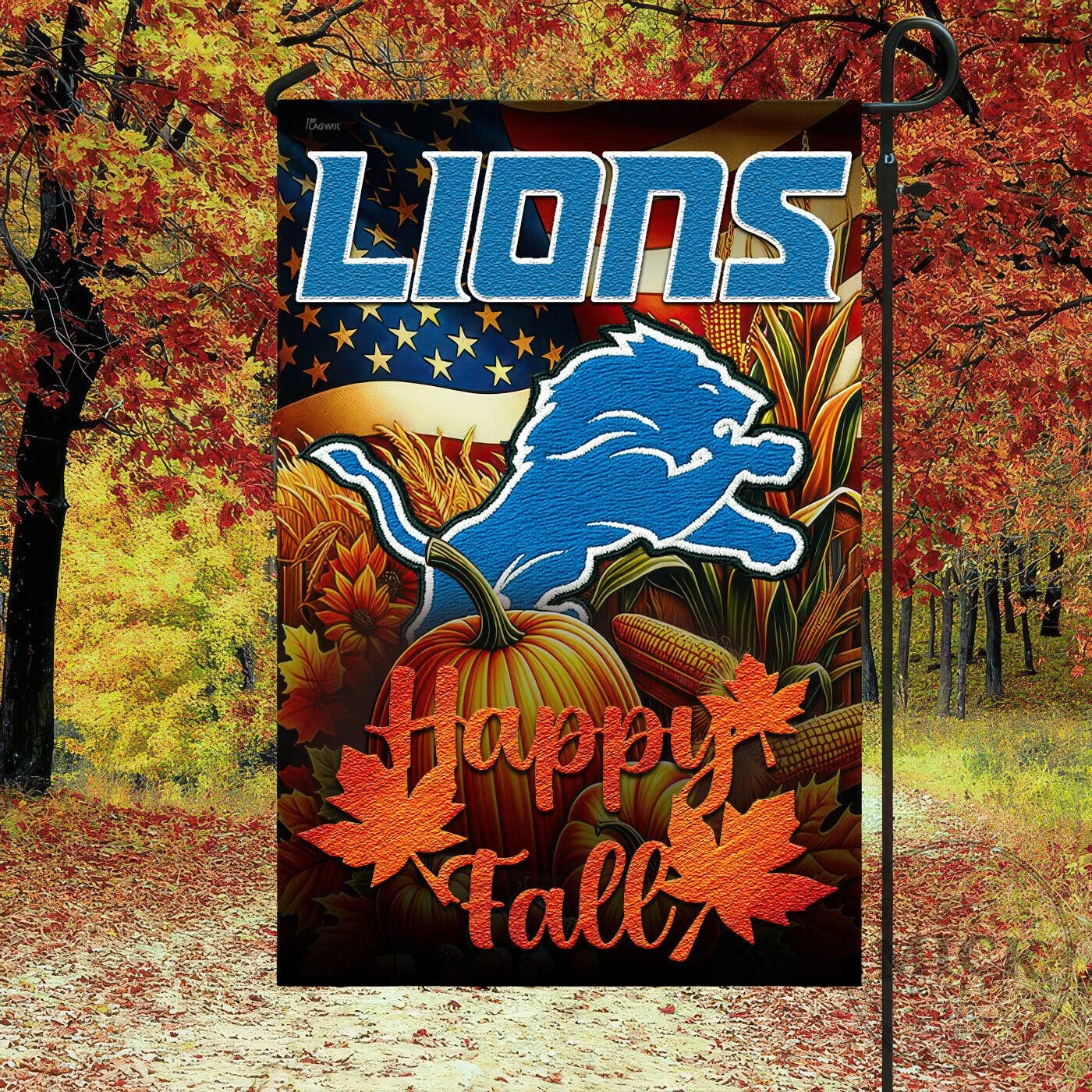 Detroit Lions NFL Football Team Happy Fall Autumn Garden Flag