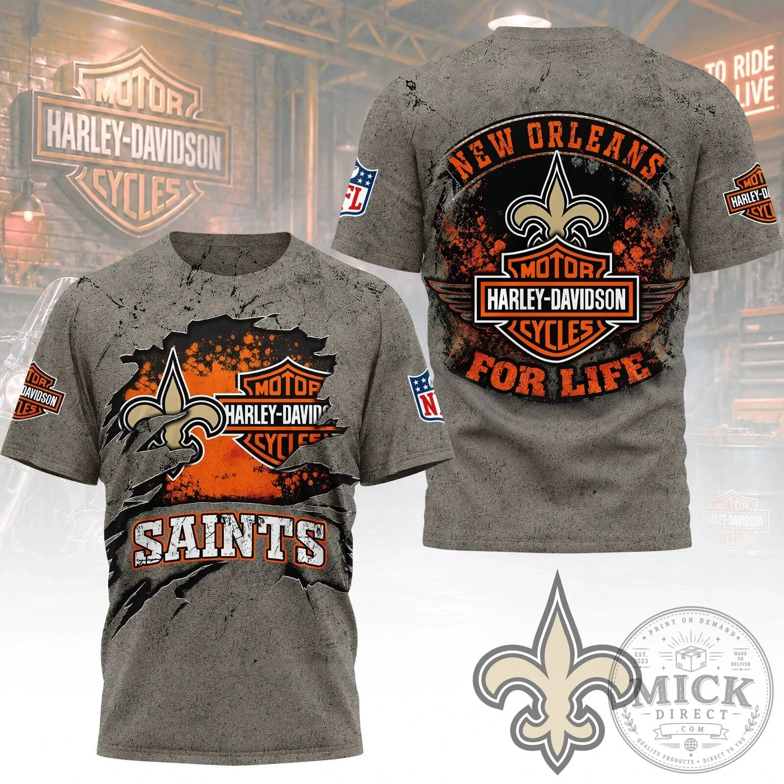 New Orleans Saints Harley-Davidson Cycles For Life Football Fan T-Shirt