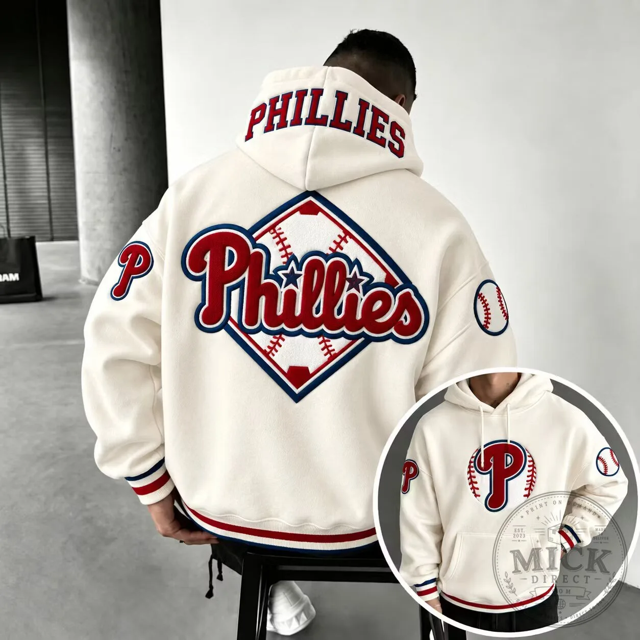 Philadelphia Phillies Embroidered Baseball Logo Cream Hoodie