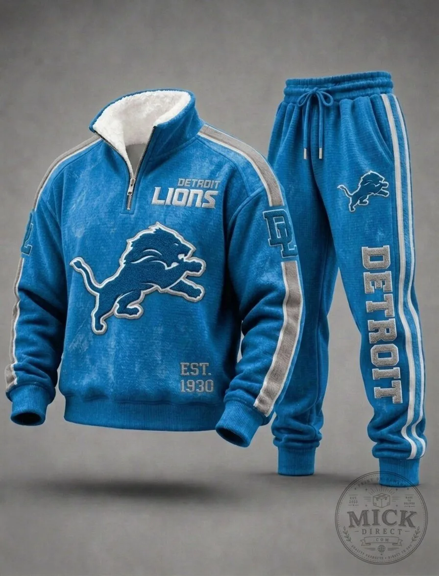 Detroit Lions Football Team Blue Half-Zip Sweatshirt and Sweatpants Set