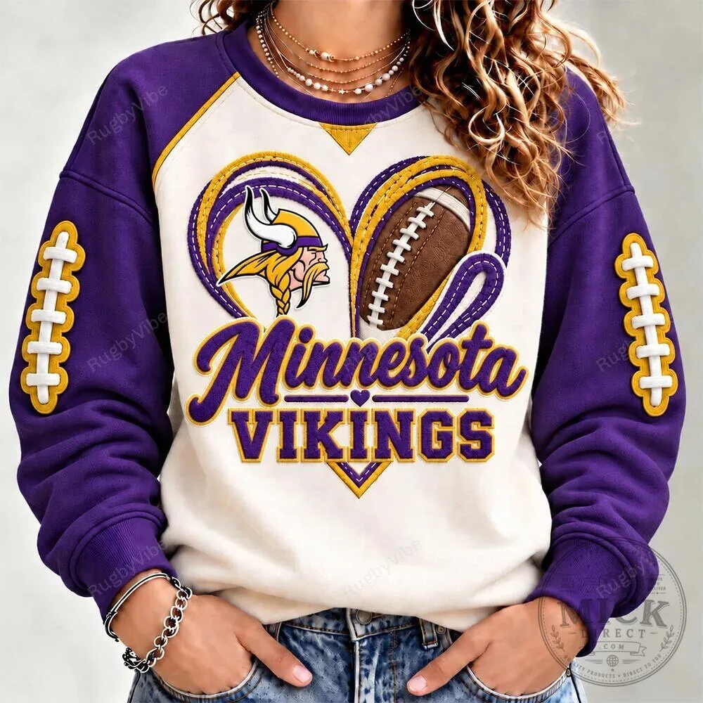 Minnesota Vikings Football Heart Design Purple and Cream Raglan Sweatshirt