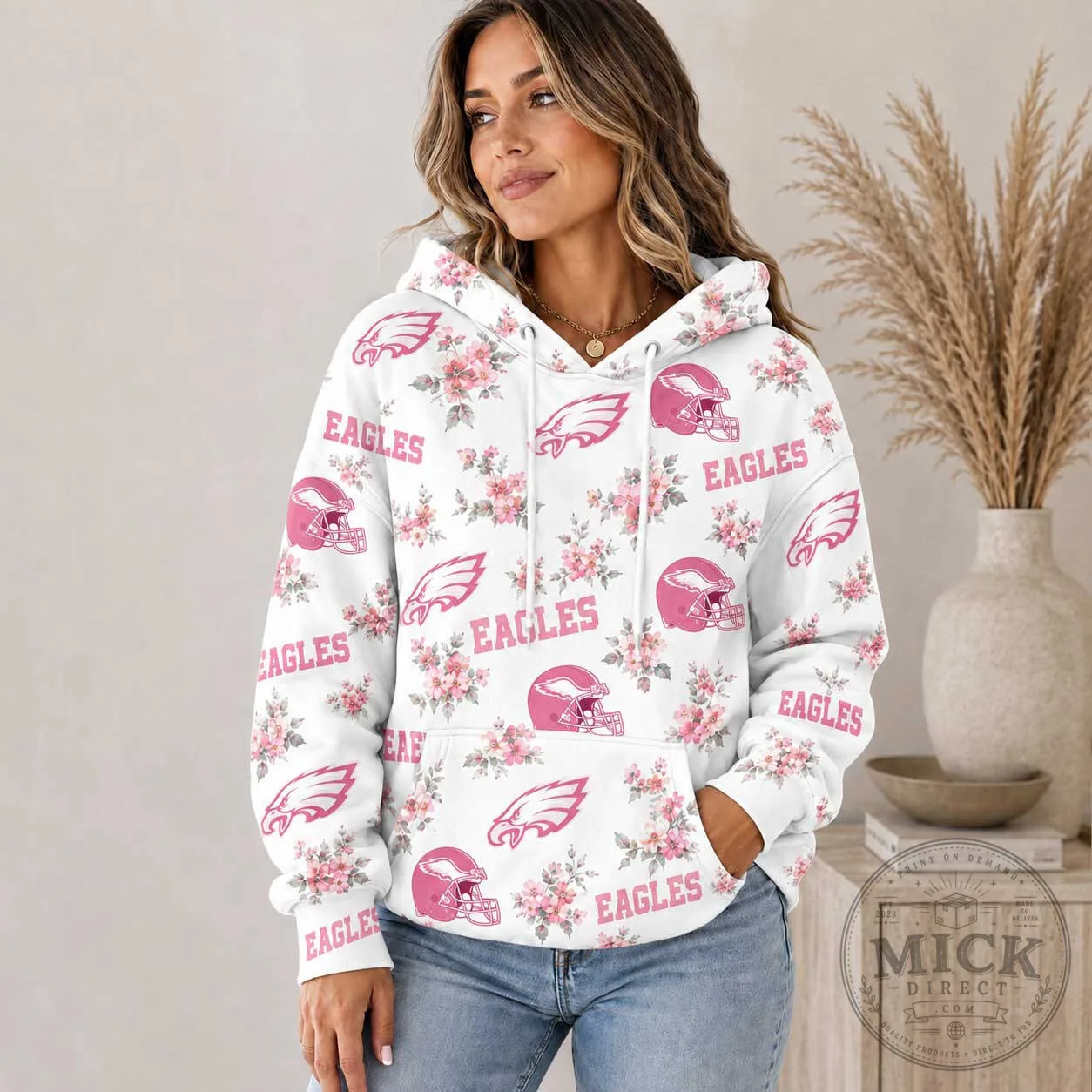 Philadelphia Eagles Pink Floral Pattern White Hoodie for Women