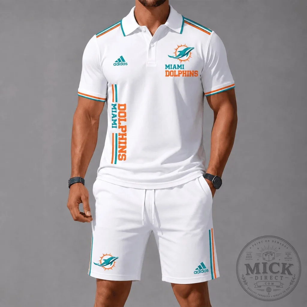 Miami Dolphins NFL Football Team White Polo Shirt and Shorts Set Miami Dolphins NFL Football Team White Polo Shirt and Shorts Set