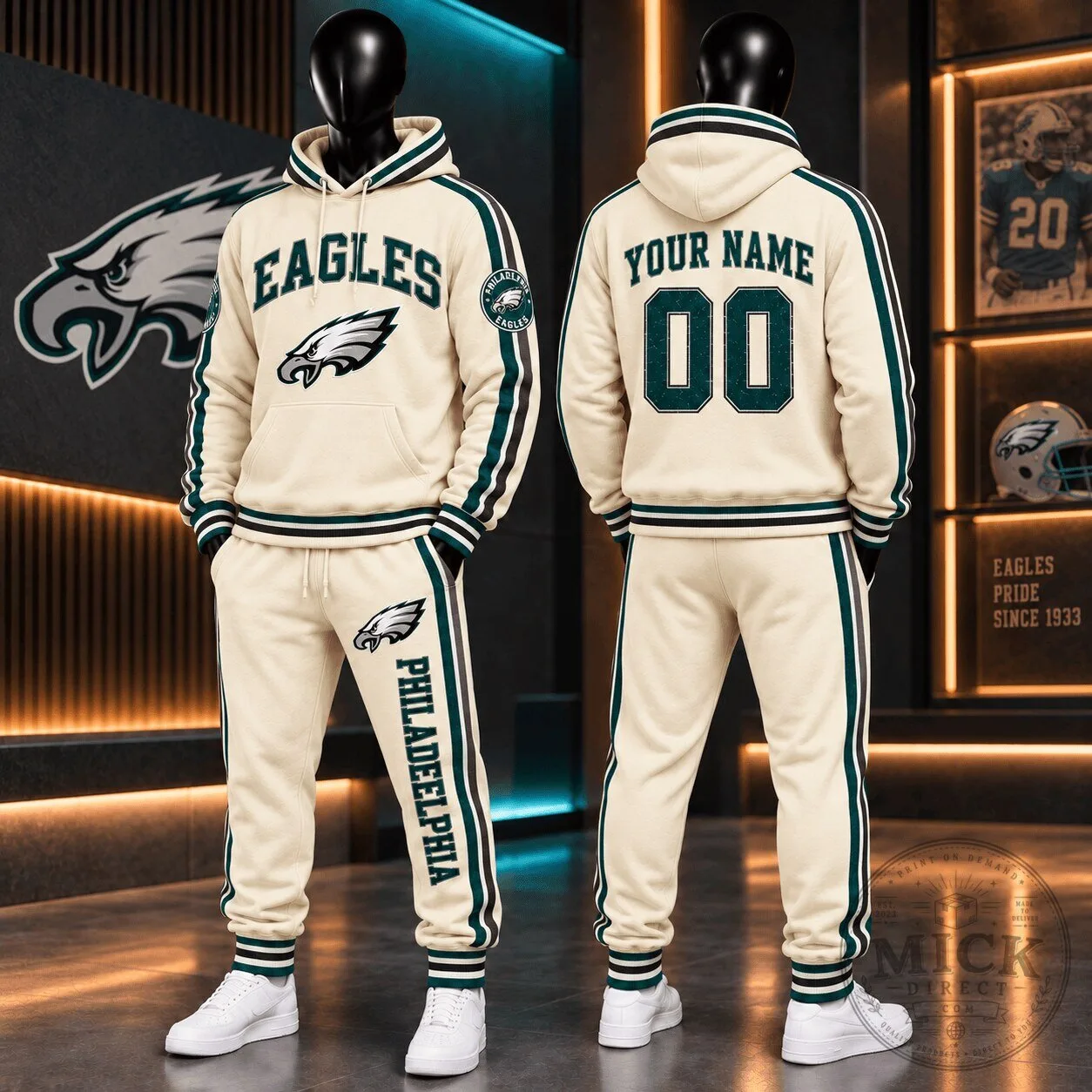 Custom Cream Hoodie and Sweatpants Set for Philadelphia Eagles Fans 2 Custom Cream Hoodie and Sweatpants Set for Philadelphia Eagles Fans