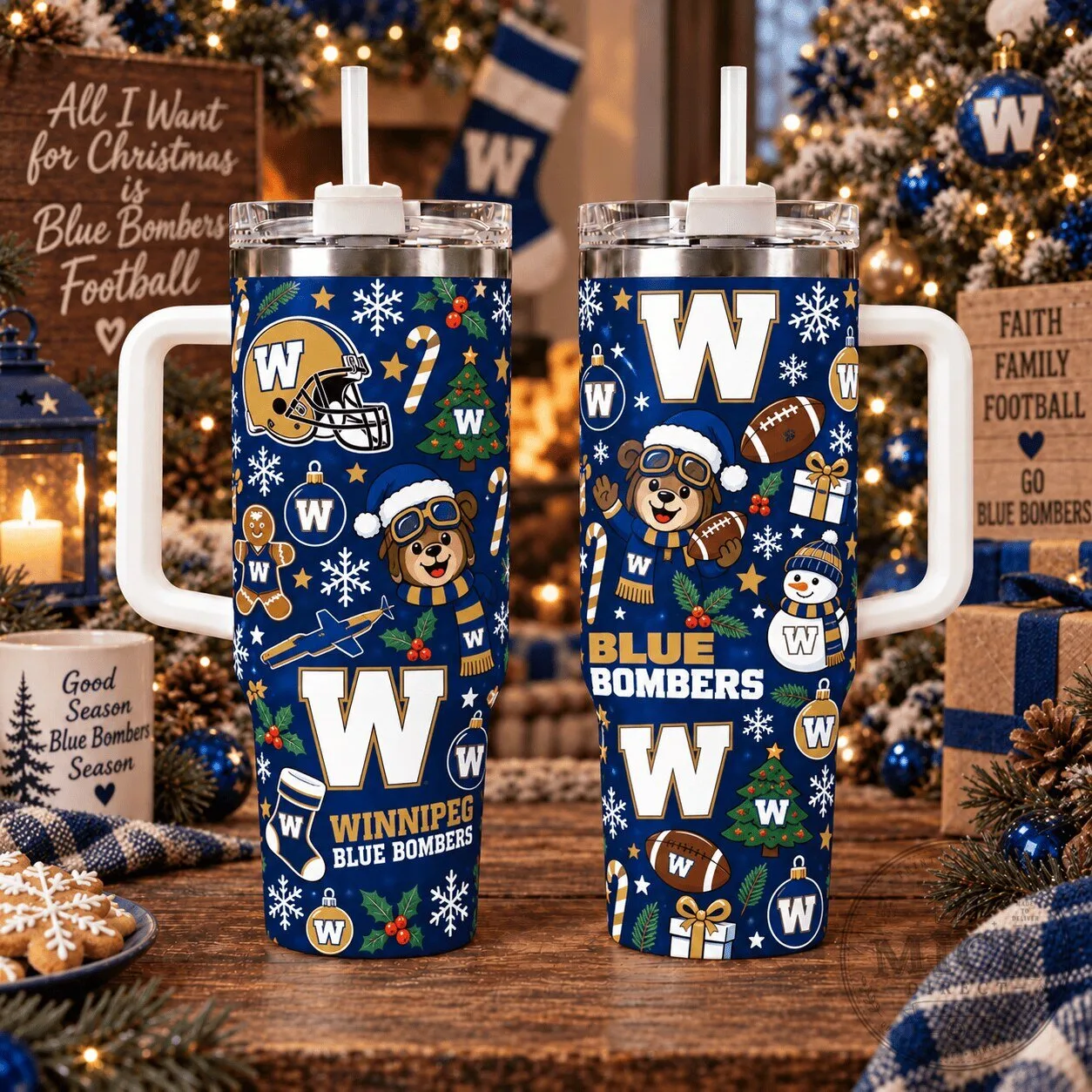Winnipeg Blue Bombers Christmas Football Holiday Season Tumbler with Handle