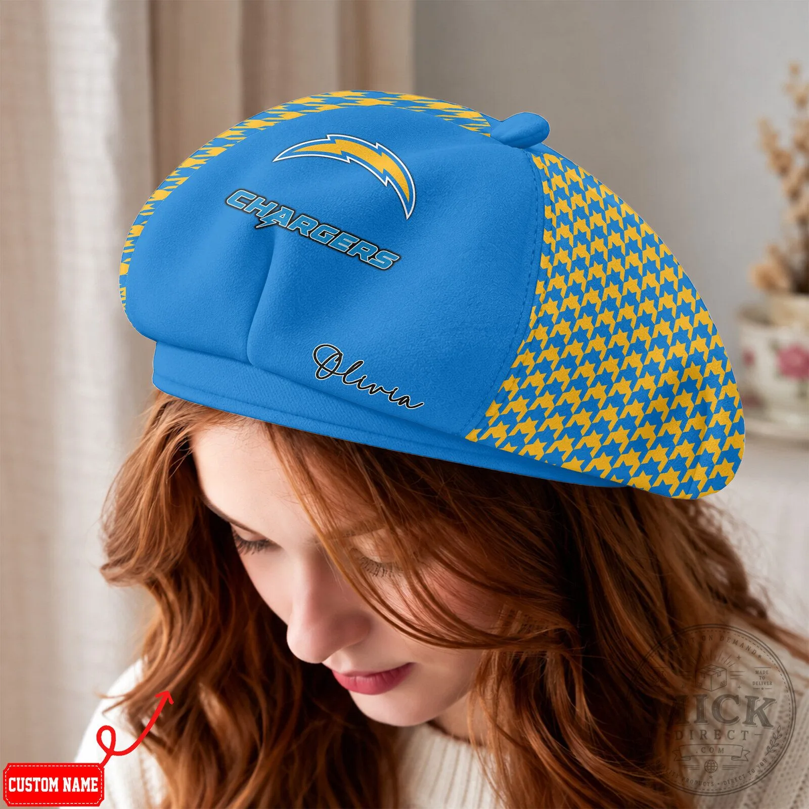 Los Angeles Chargers Personalized Blue Houndstooth Beret Cap Hat