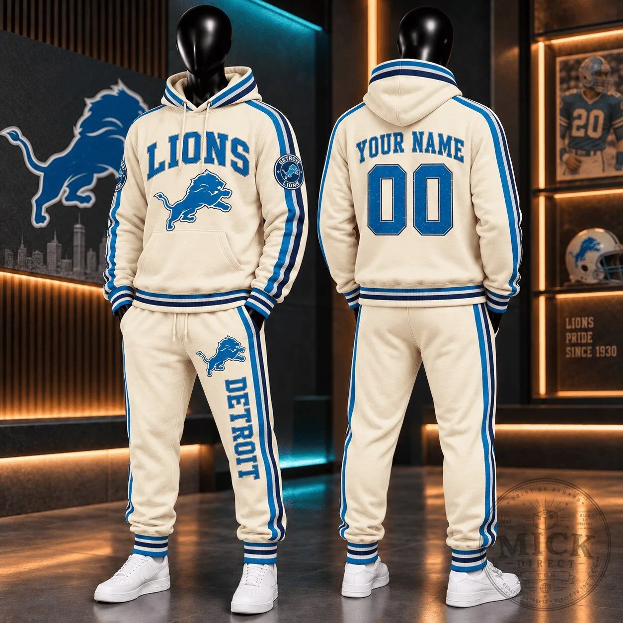 Personalized Retro Cream Hoodie and Jogger Pants Set for Detroit Lions Fans