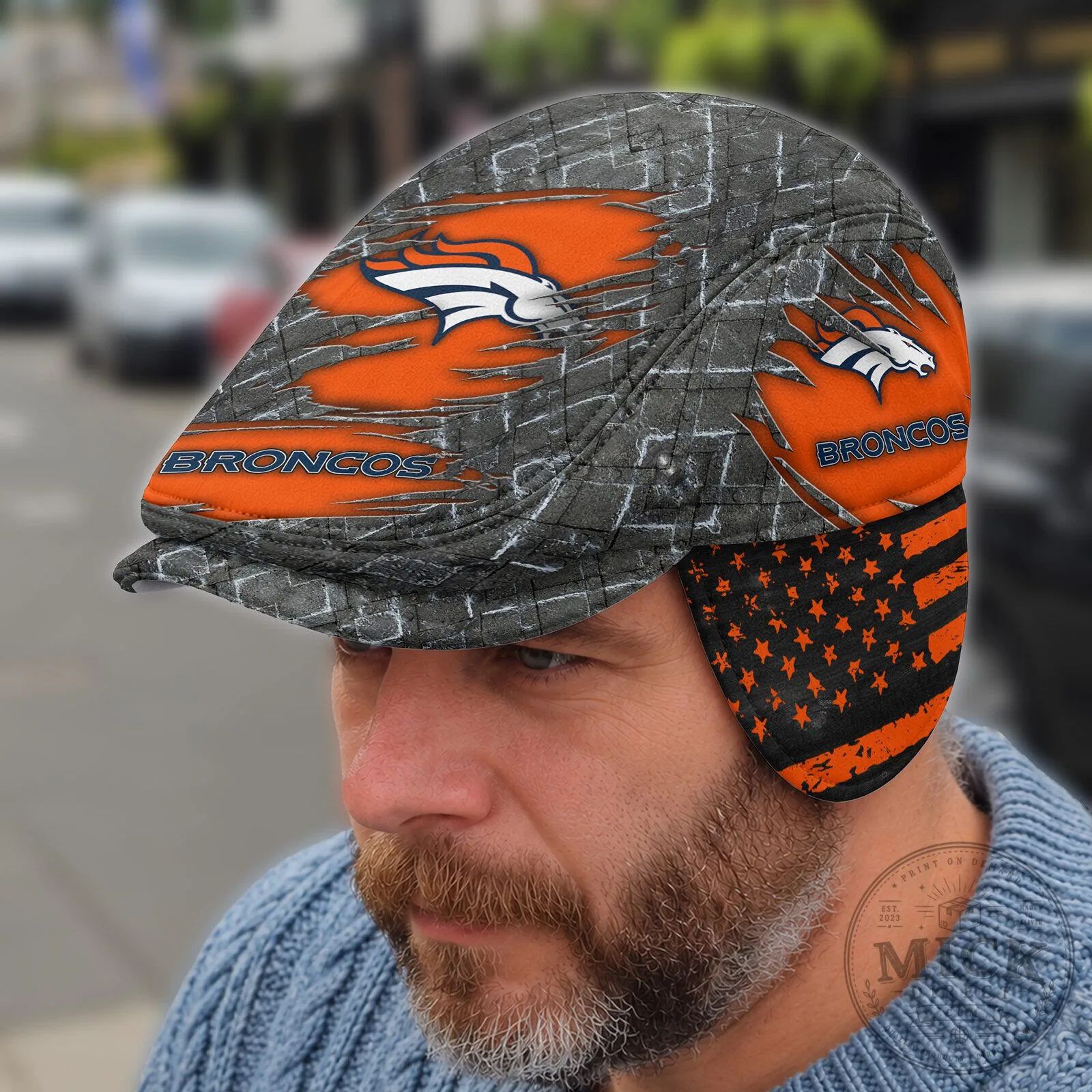 Denver Broncos American Flag Distressed Print Flat Cap with Ear Flaps