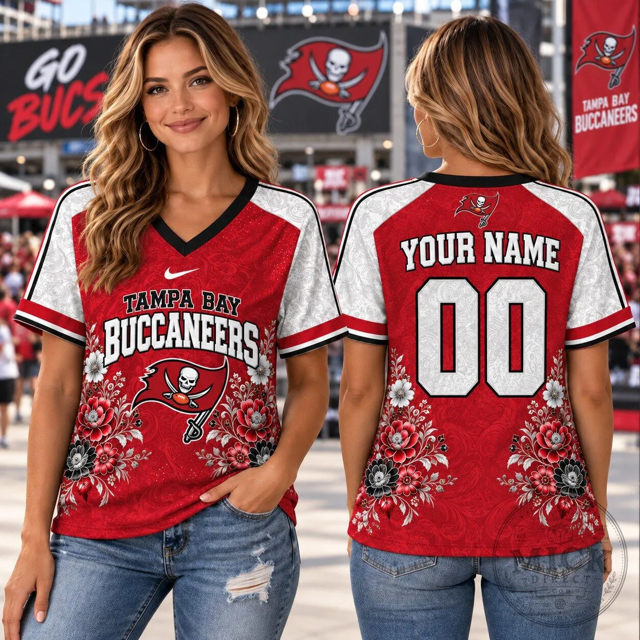 Tampa Bay Buccaneers Personalized Floral 1D Fan V-Neck T-Shirt 5 Tampa Bay Buccaneers Personalized Floral 1D Fan V-Neck T-Shirt
